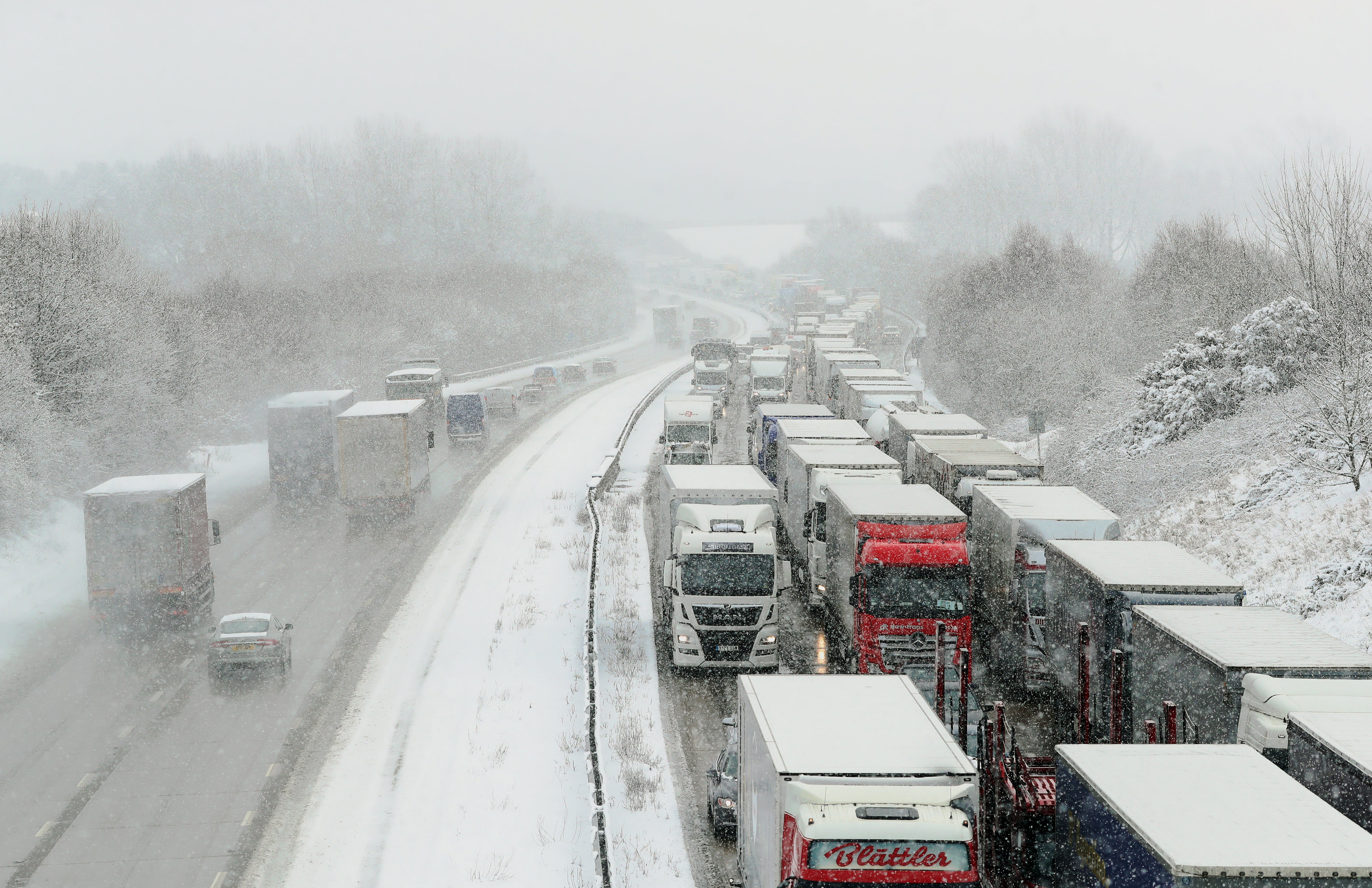 Stationary traffic on the M20 near Ashford, Kent, following the heavy overnight snowfall