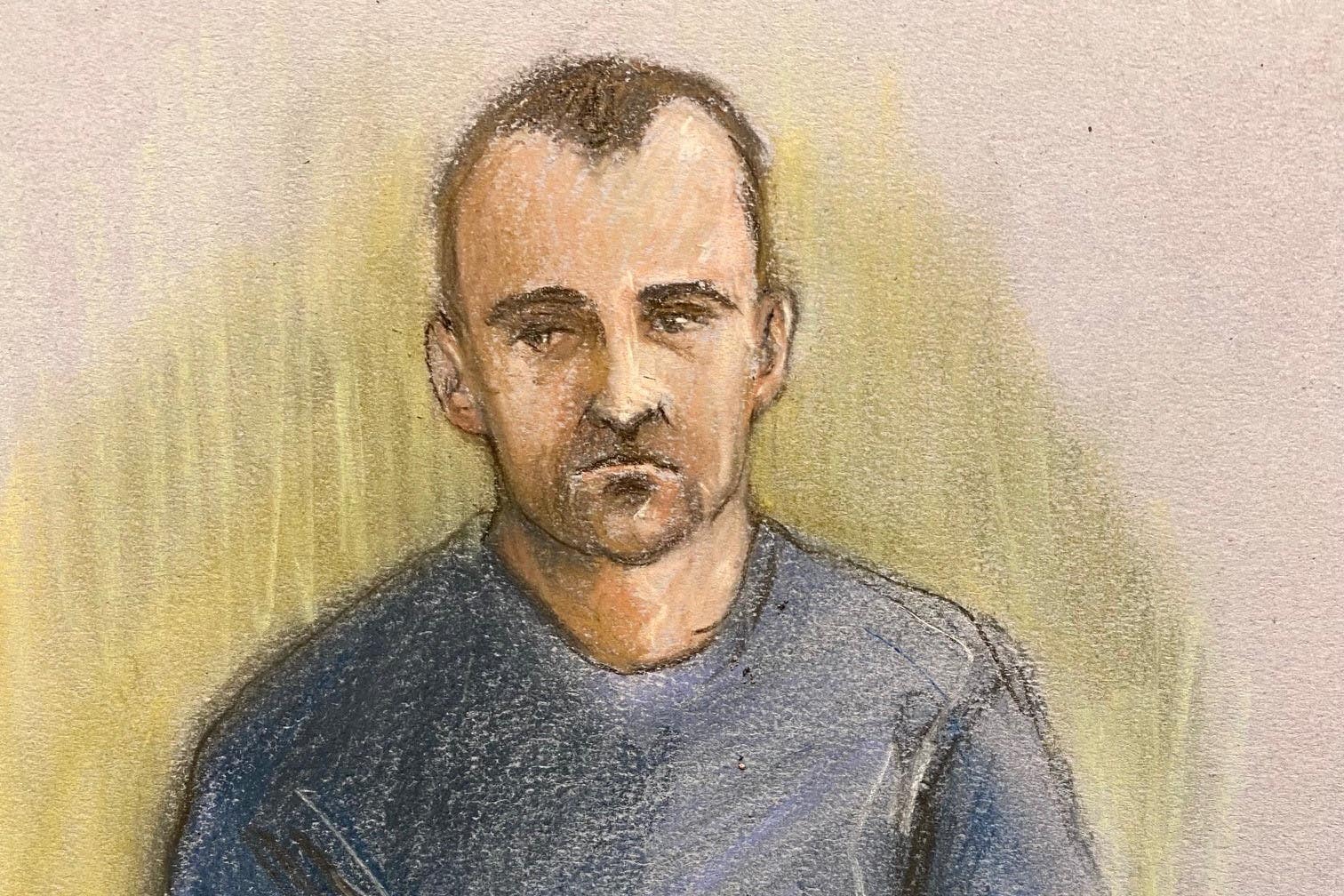 Court artist sketch by Elizabeth Cook of Metropolitan police officer David Carrick (PA)