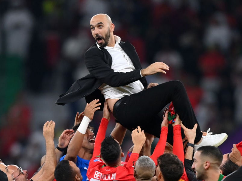 Hitting new heights: Walid Regragui celebrates with his Morocco players after their quarter-final win over Portugal