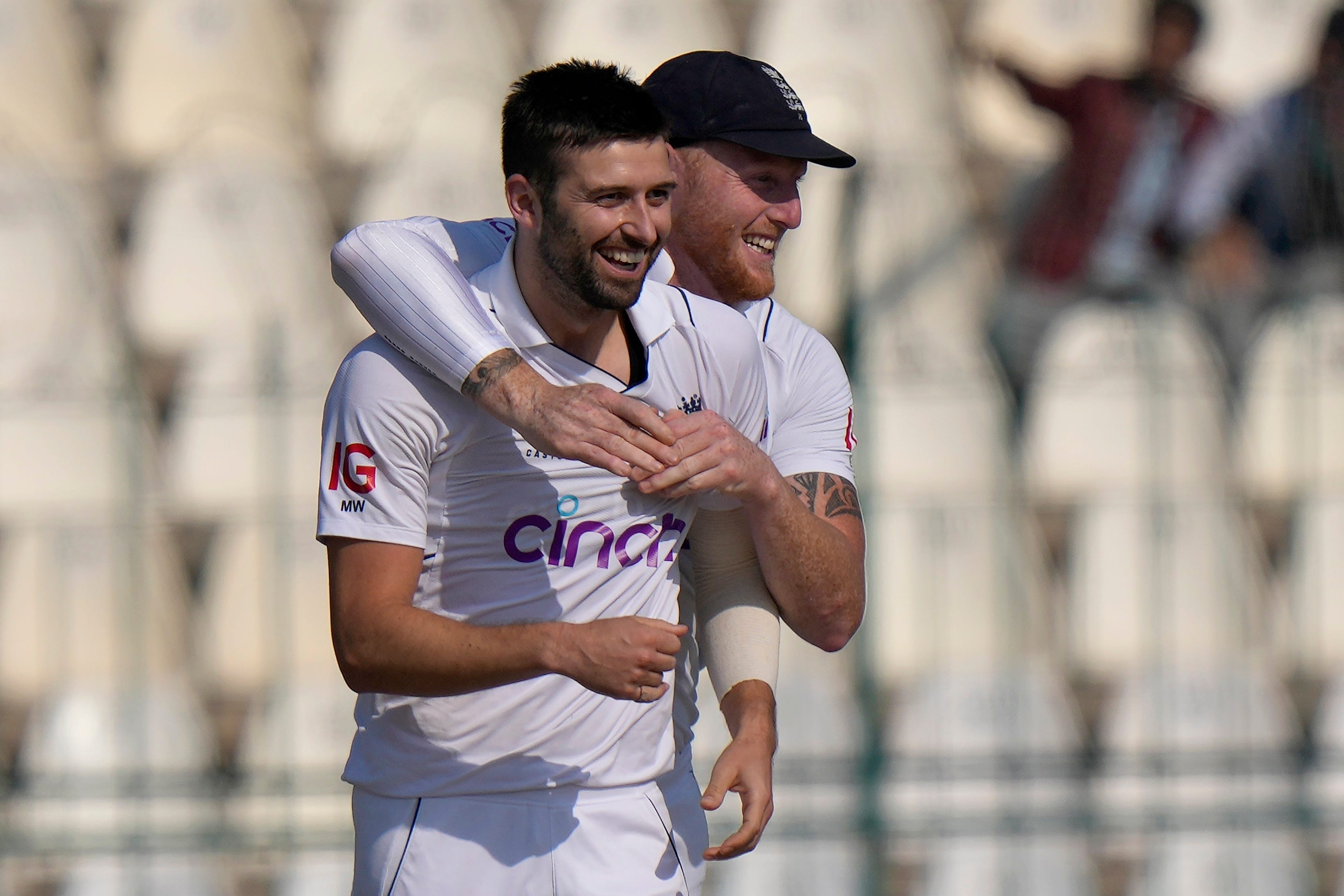 Mark Wood, left, celebrates with Ben Stokes (Anjum Naveed/AP)