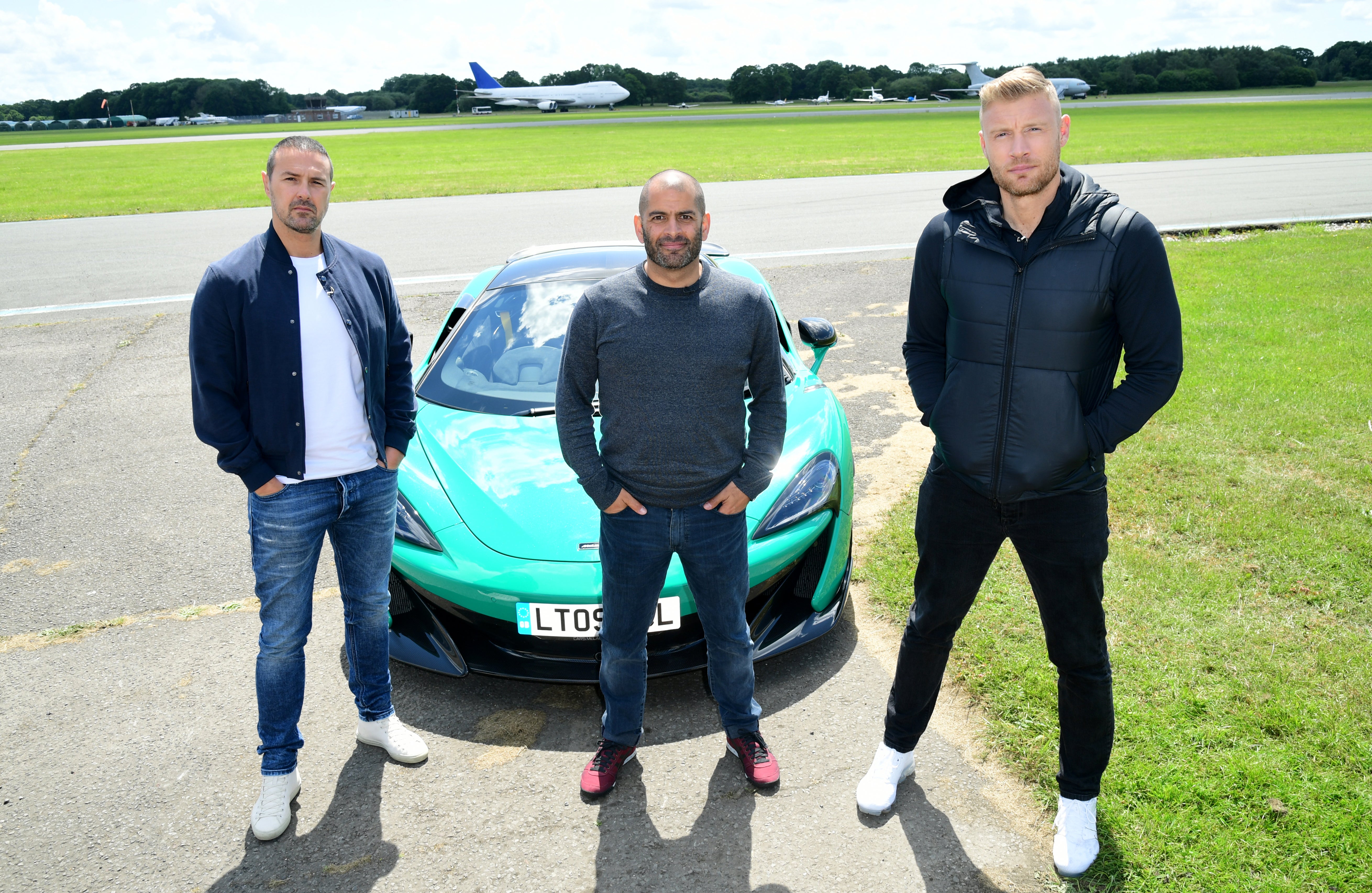 Flintoff (right) with co-presenters Paddy McGuinness (left) and Chris Harris at Dunsfold Park in 2019