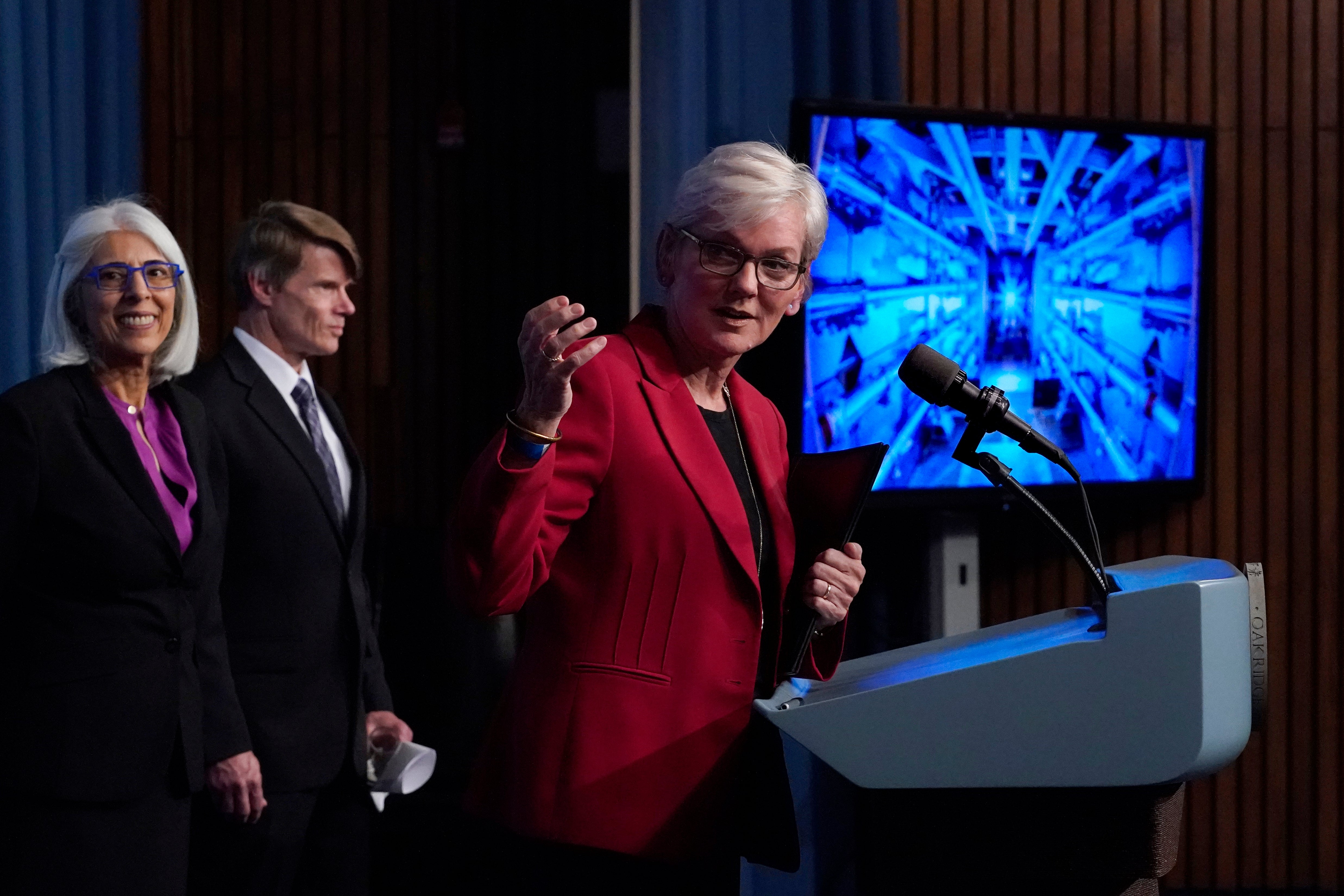 Secretary of energy Jennifer Granholm, centre, joined by Arati Prabhakar, the president’s science adviser