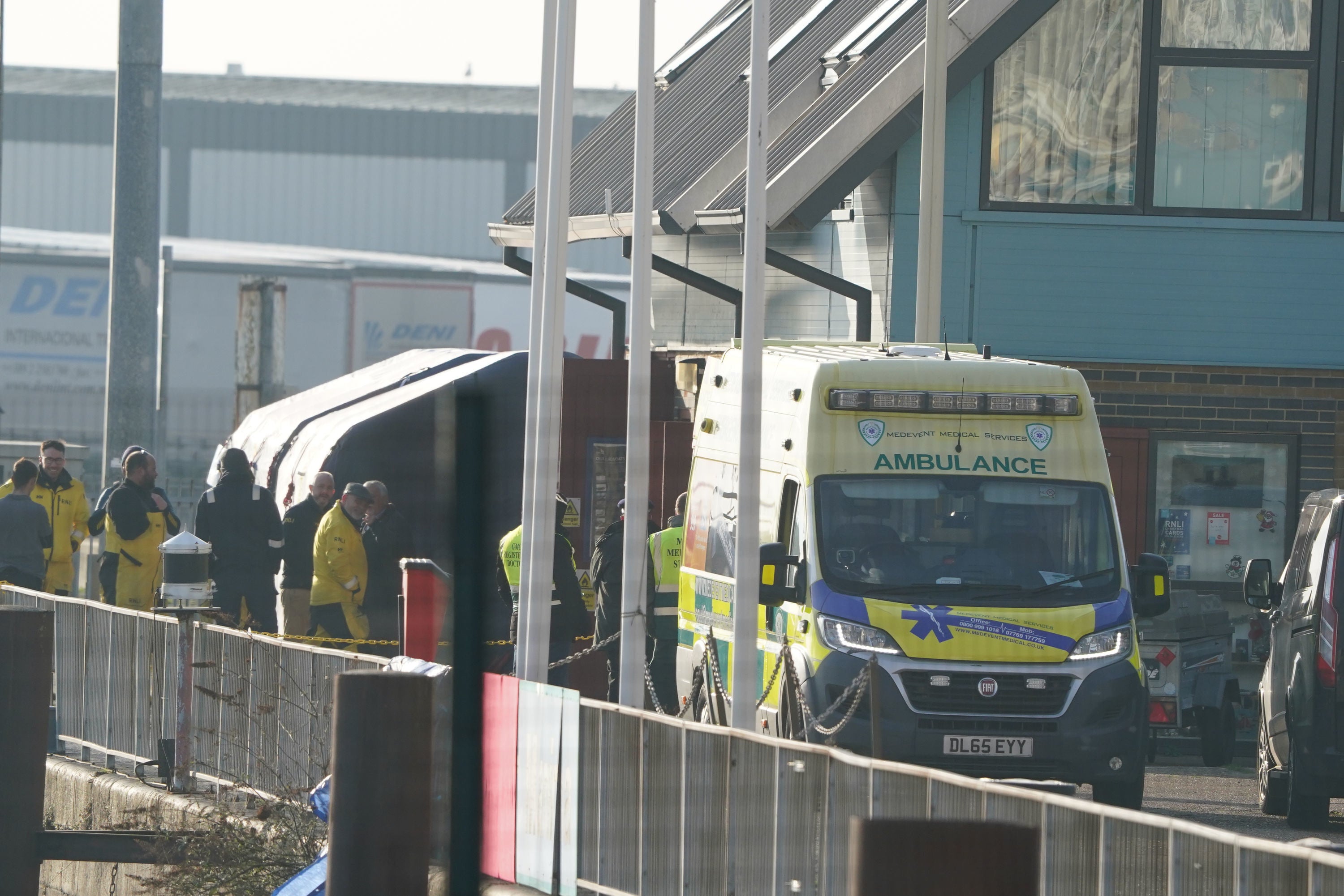 Forensic tents erected at the RNLI station at the Port of Dover after a large search and rescue operation launched in the Channel off the coast of Dungeness, in Kent