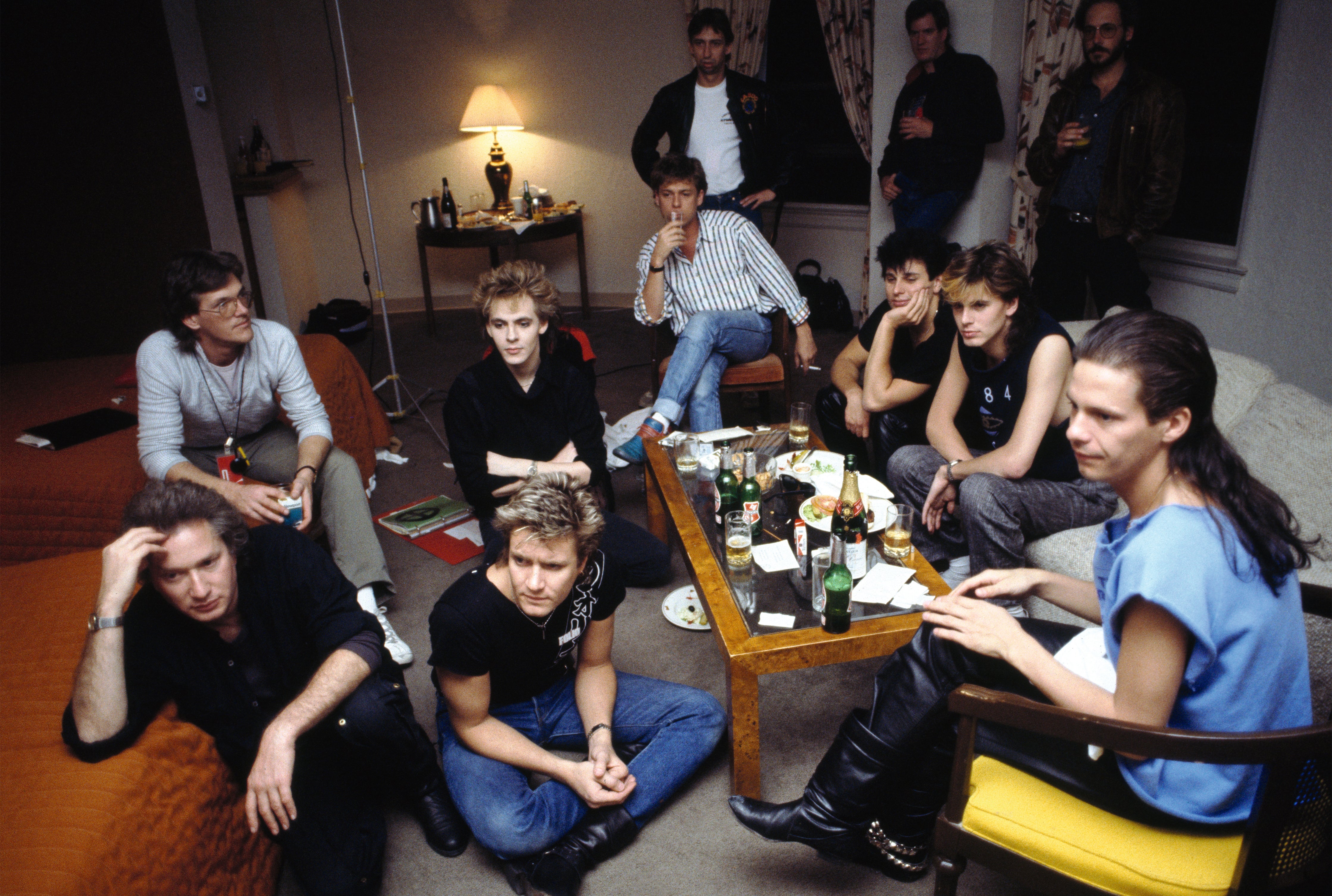 Band and production crew watching the first edit of their future US number 1, ‘The Reflex’, in 1984