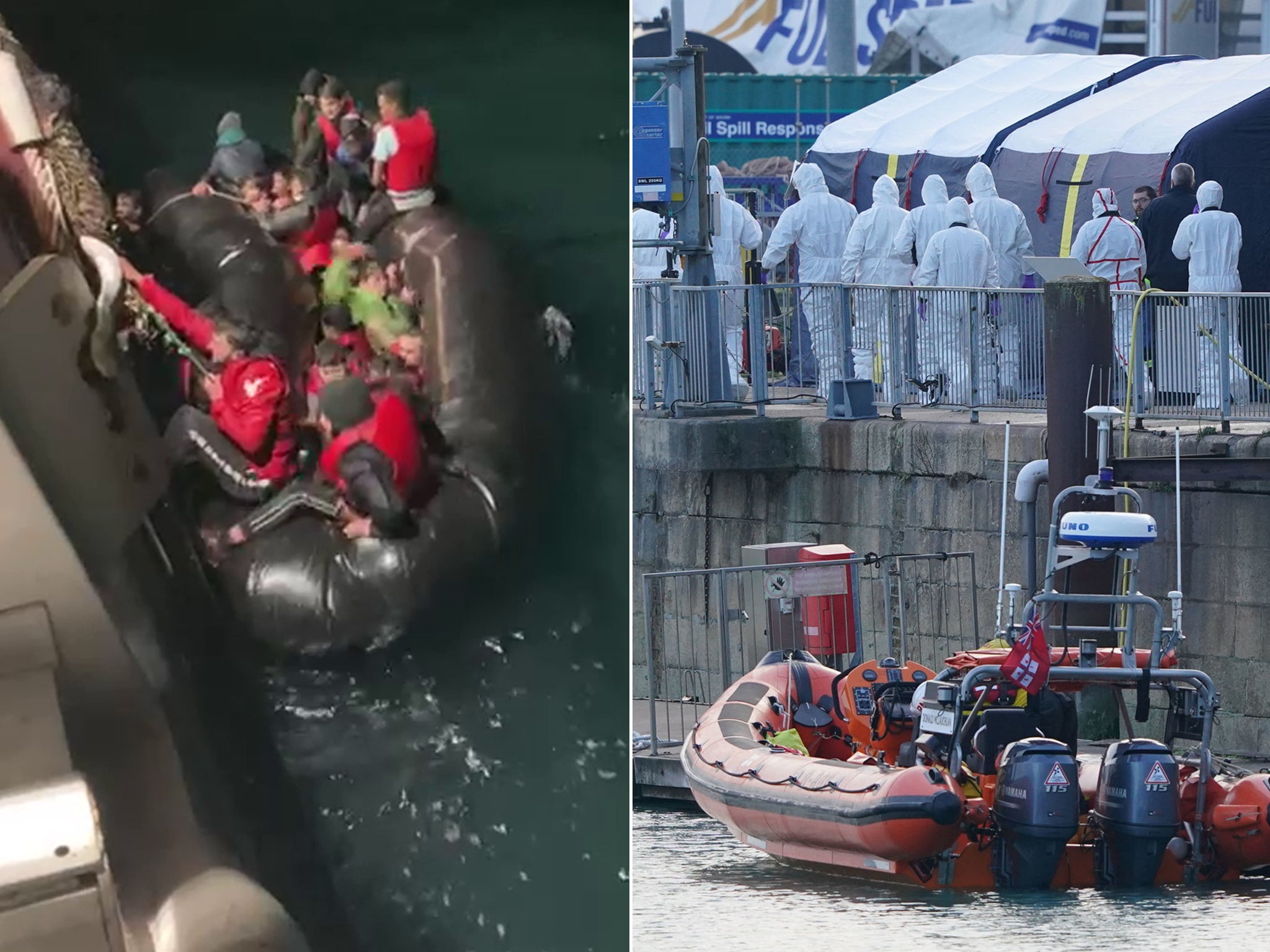 Migrants being rescued from sinking boat (left) and Police Forensic officers head to the forensic tents erected at the RNLI station at the Port of Dover