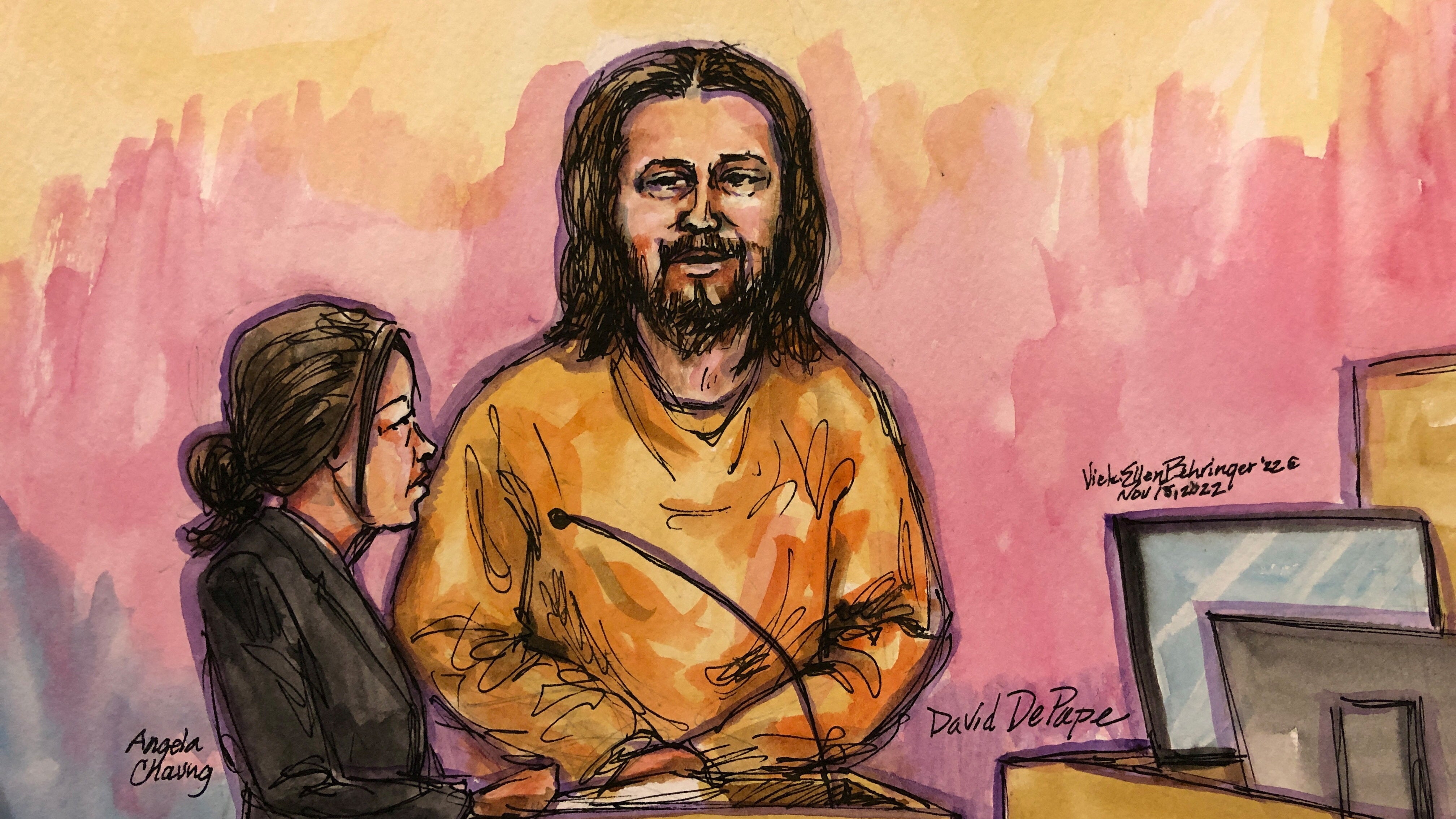 A courtroom sketch depicts David DePape in court on 14 December.