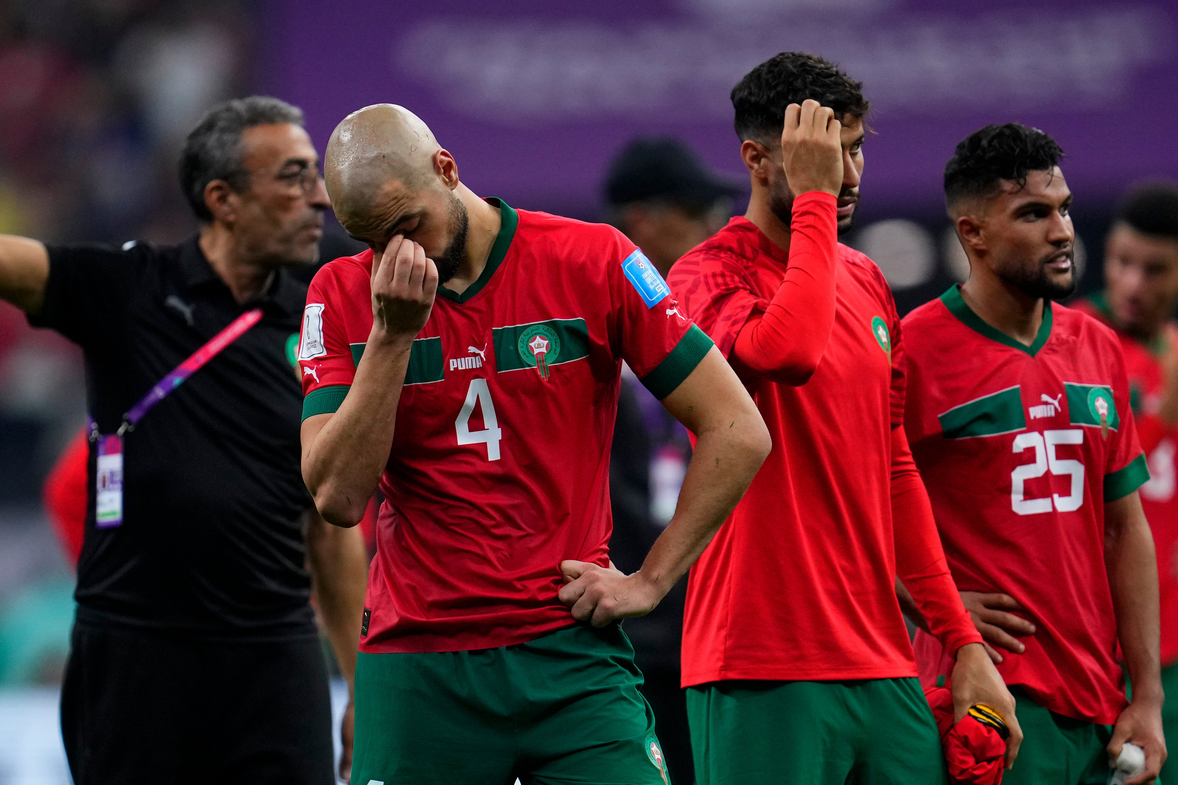 Morocco’s Sofyan Amrabat looks down after being defeated by France