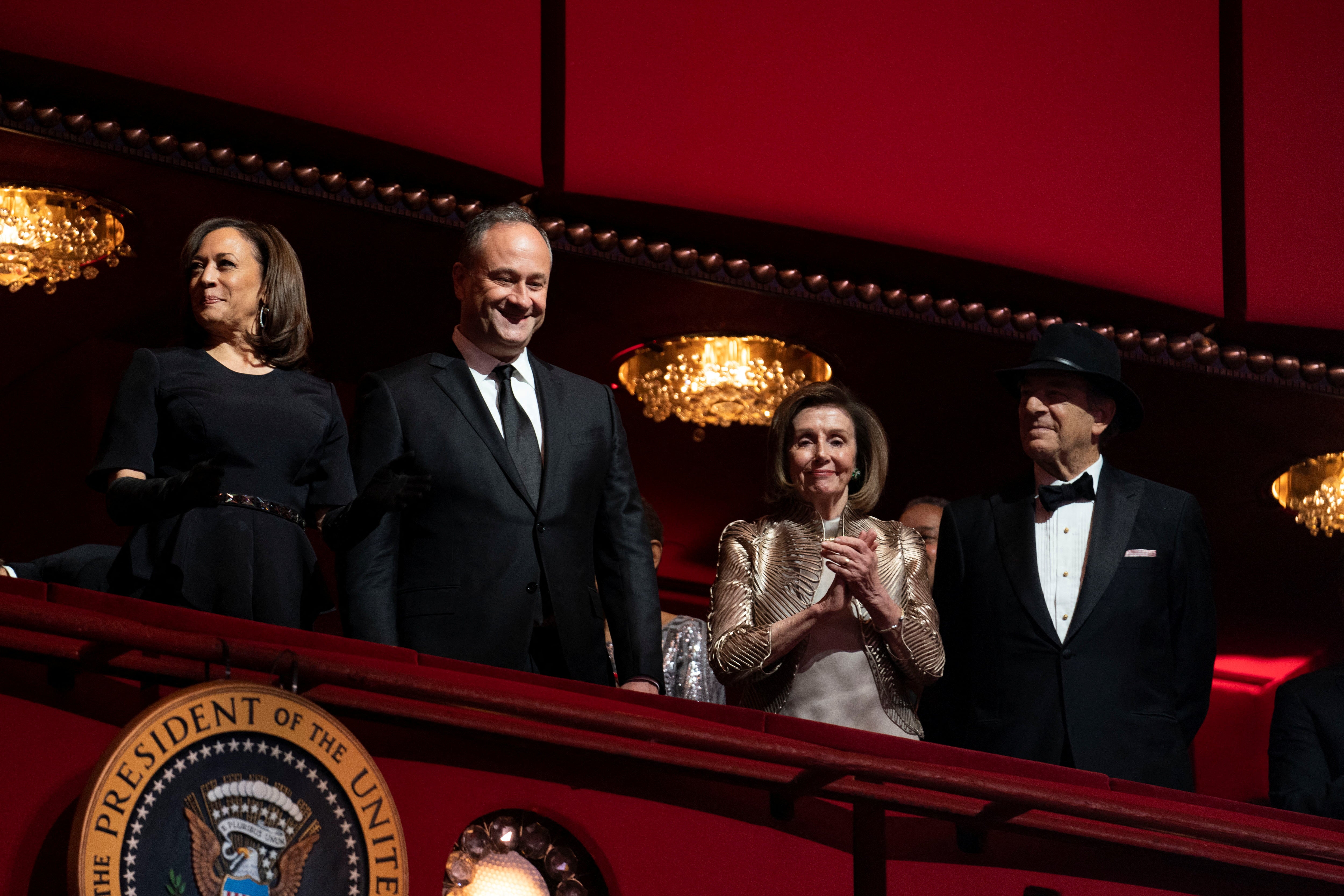 Vice president Kamala Harris, Second Gentleman Doug Emhoff, House speaker Nancy Pelosi, and husband Paul Pelosi attend the Kennedy Center honorees gala