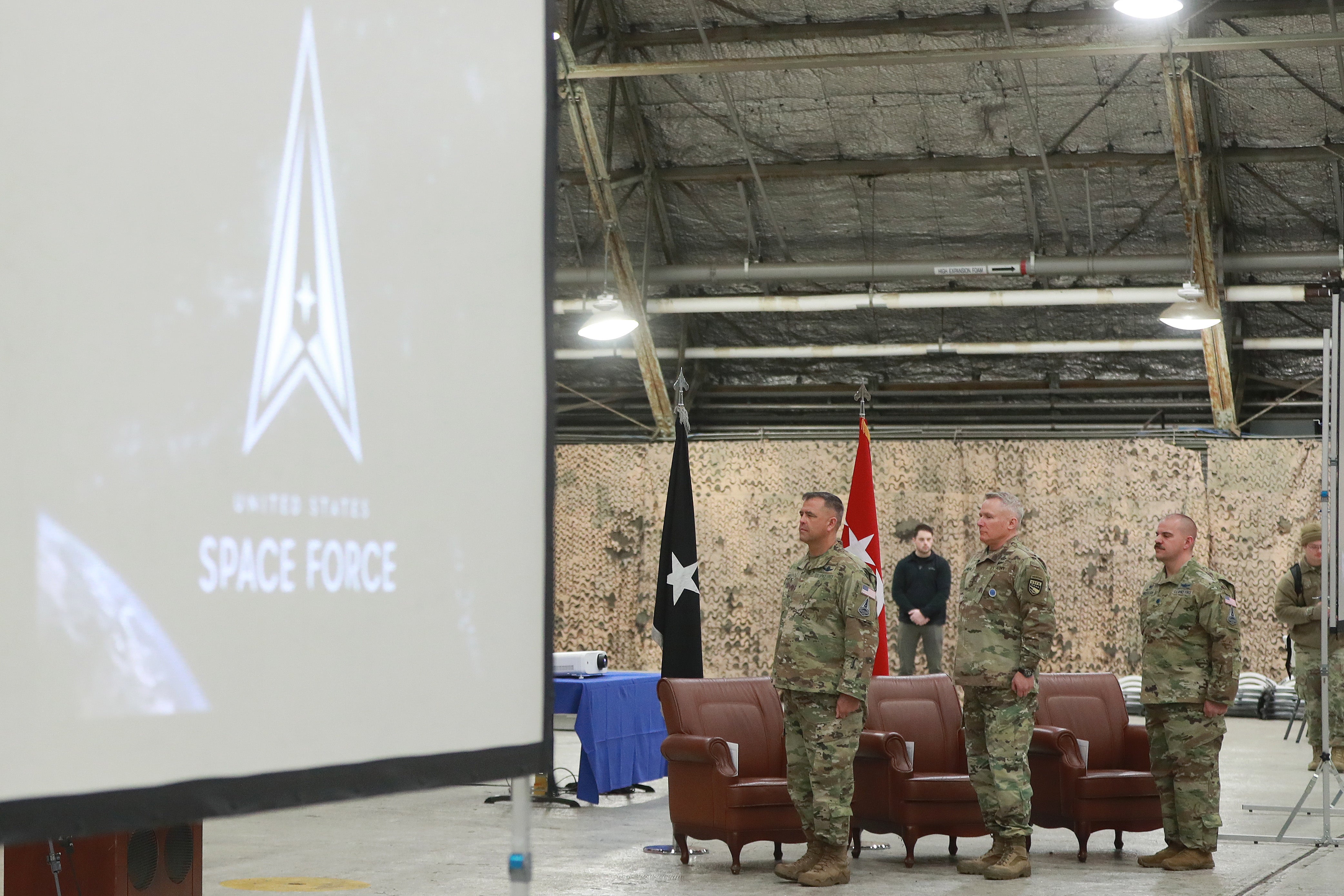 Commander of the US Forces Korea, and Lt Col Joshua McCullion, Commander of the US Space Forces Korea, attend a ceremony at Osan Air Base in Pyeongtaek, South Korea