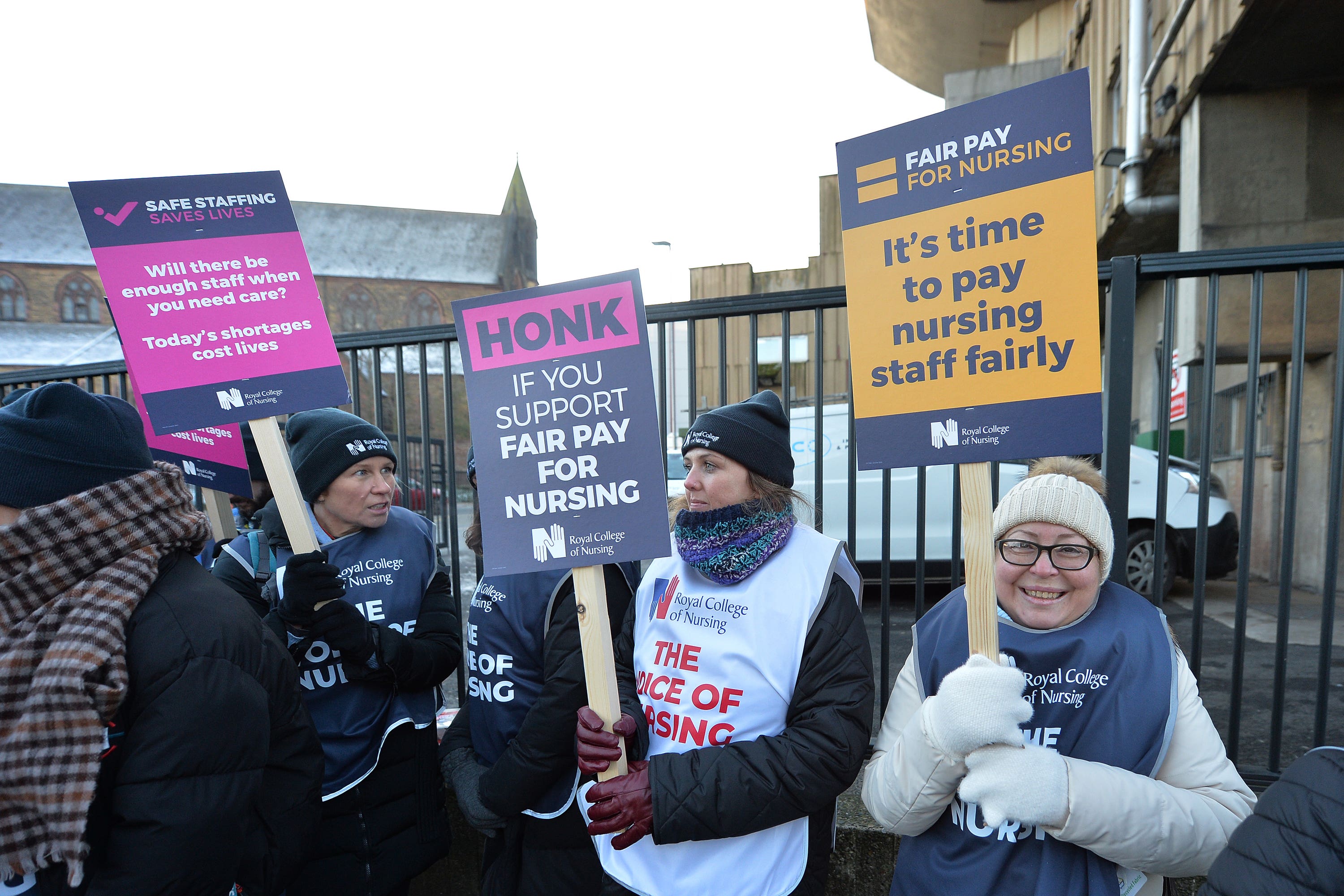 Members of the Royal College of Nursing (RCN) on the picket line outside the Royal Liverpool University Hospital in Liverpool (Peter Powell/PA)