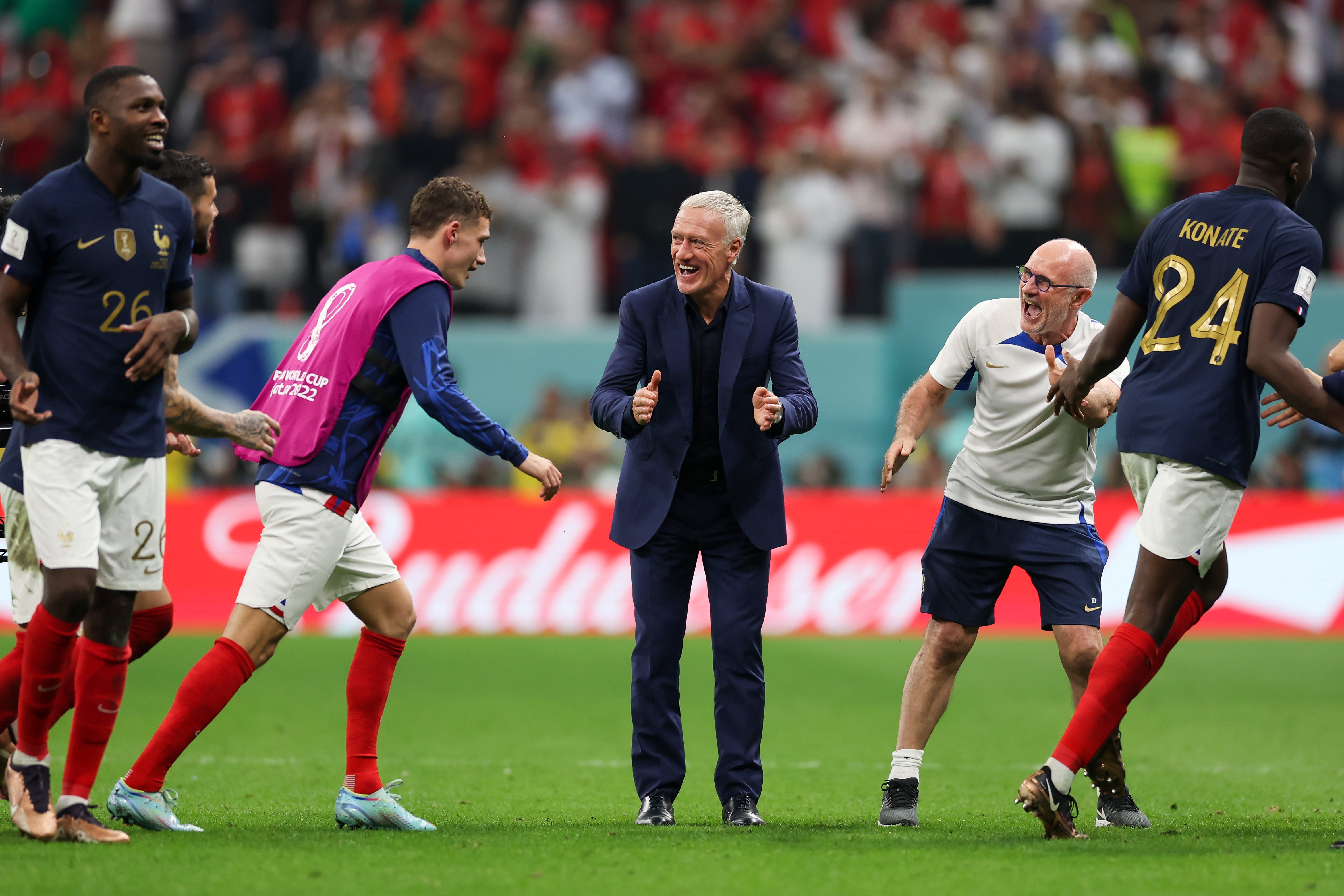 Didier Deschamps, Head Coach of France, celebrates with the team