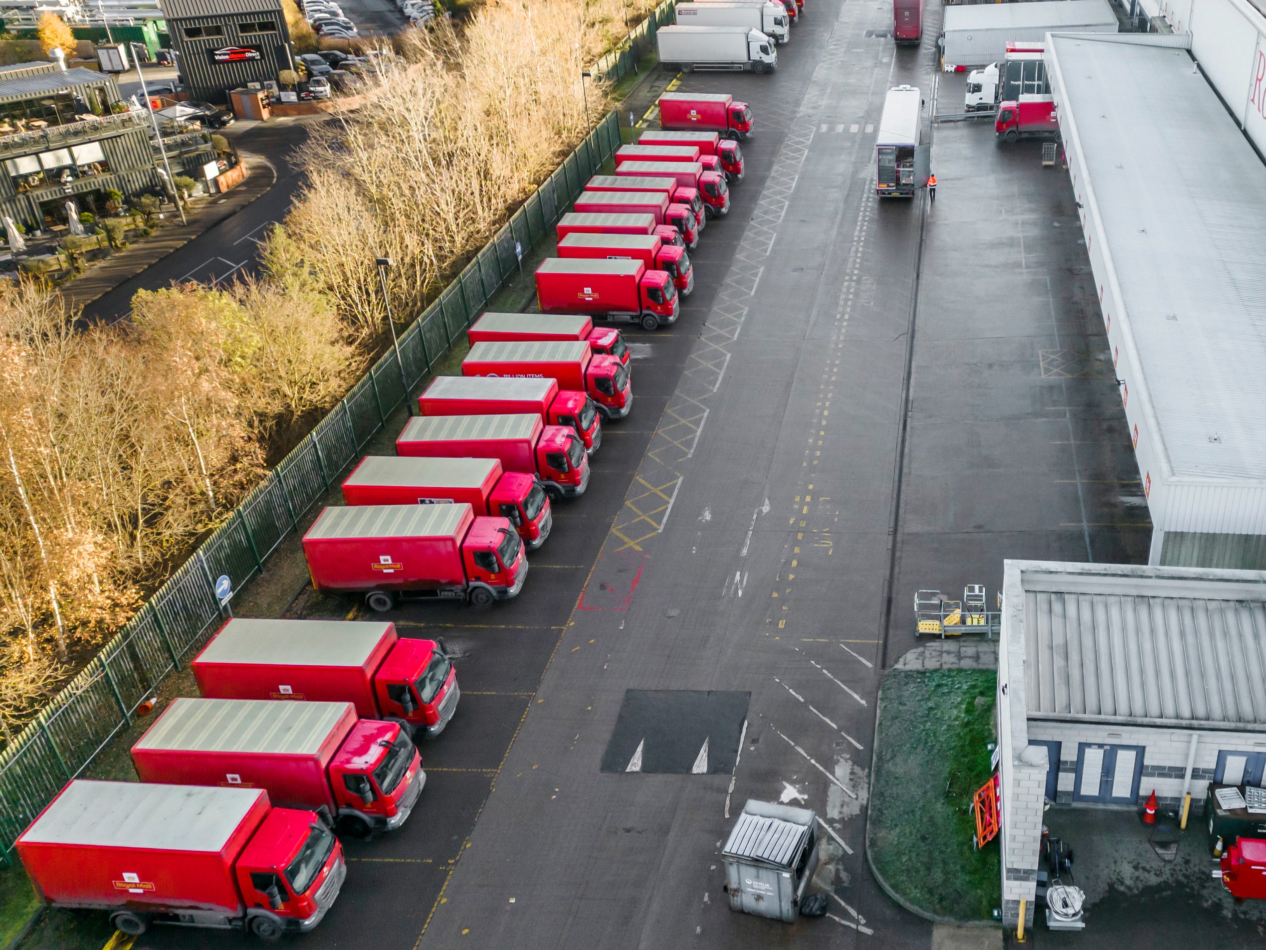 Royal Mail vehicles lined up during the strike