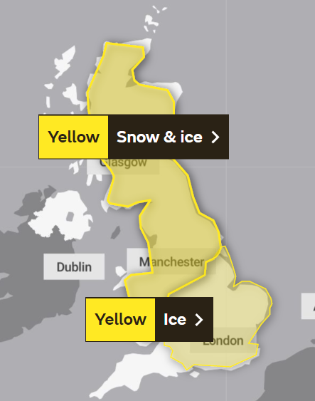 Yellow warnings for snow and ice are in place for Sunday across UK