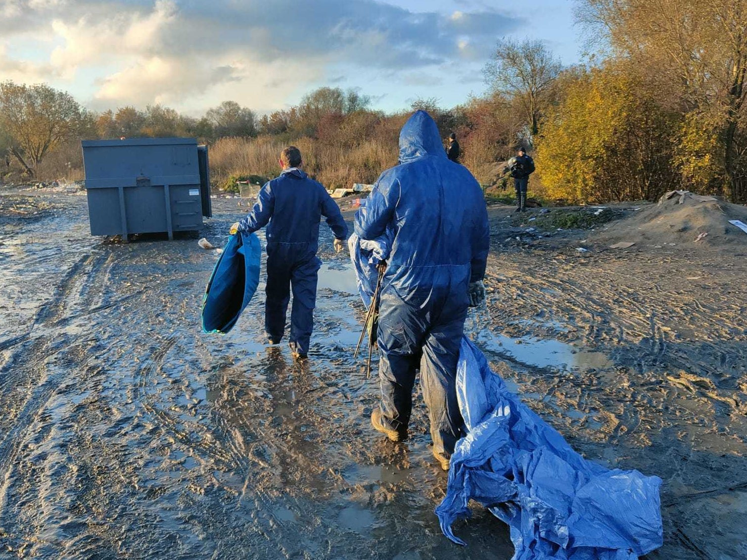 Camps in northern France have been covered in mud in the winter weather