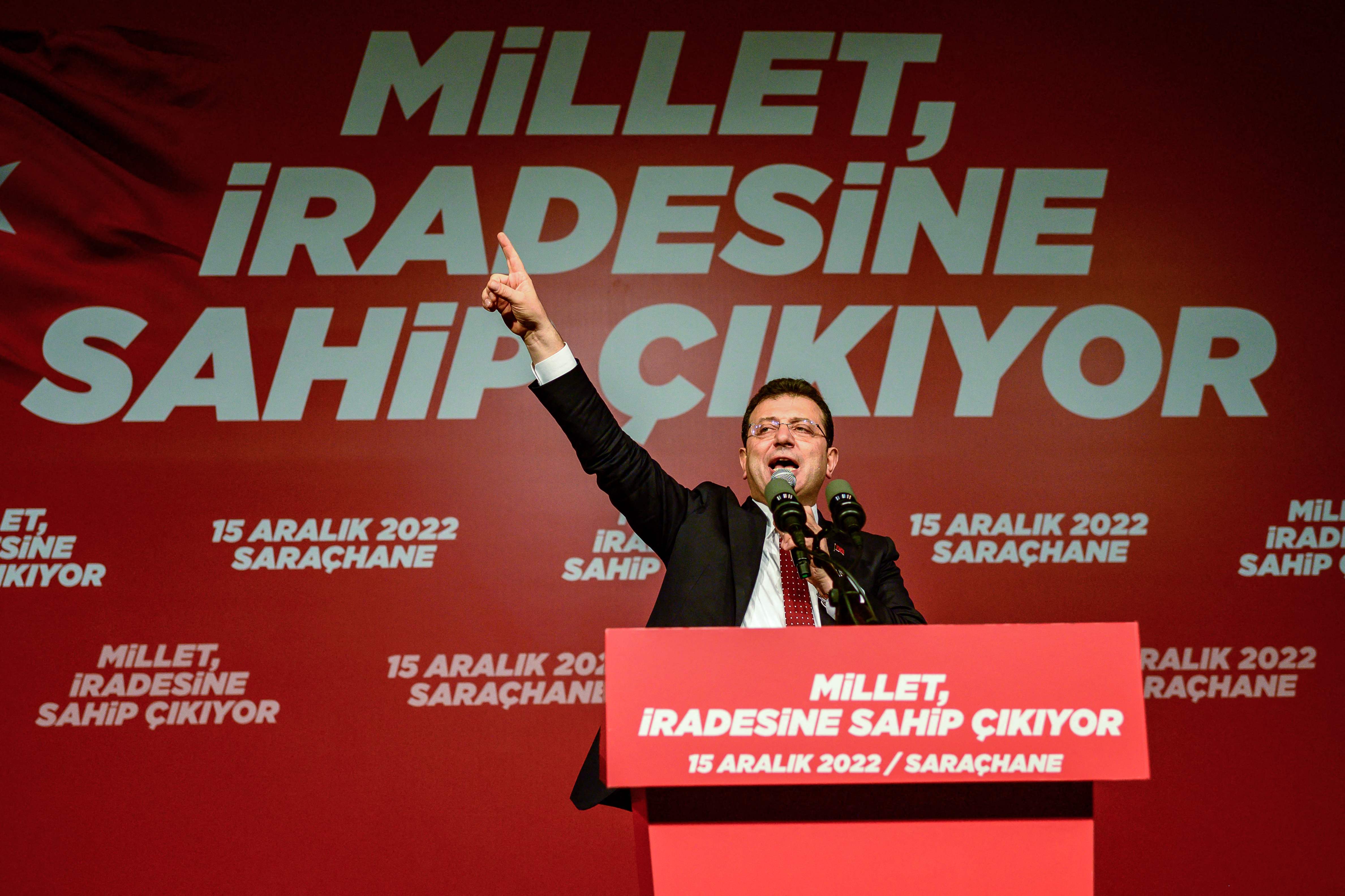 Istanbul Mayor Ekrem Imamoglu delivers a speech for his supporters during a protest in Istanbul on December 15