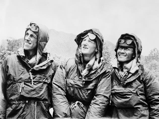 <p>Edmund Hillary (left), Tensing Norgay (right) and expedition leader Colonel John Hunt in Kathmandu, Nepal, after descending from Everest in 1953</p>