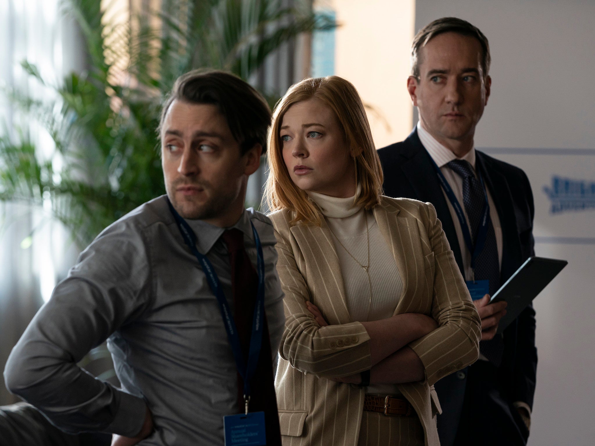 Kieran Culkin, Sarah Snook and Matthew Macfadyen as Roman, Shiv, and Tom in season three of ‘Succession’