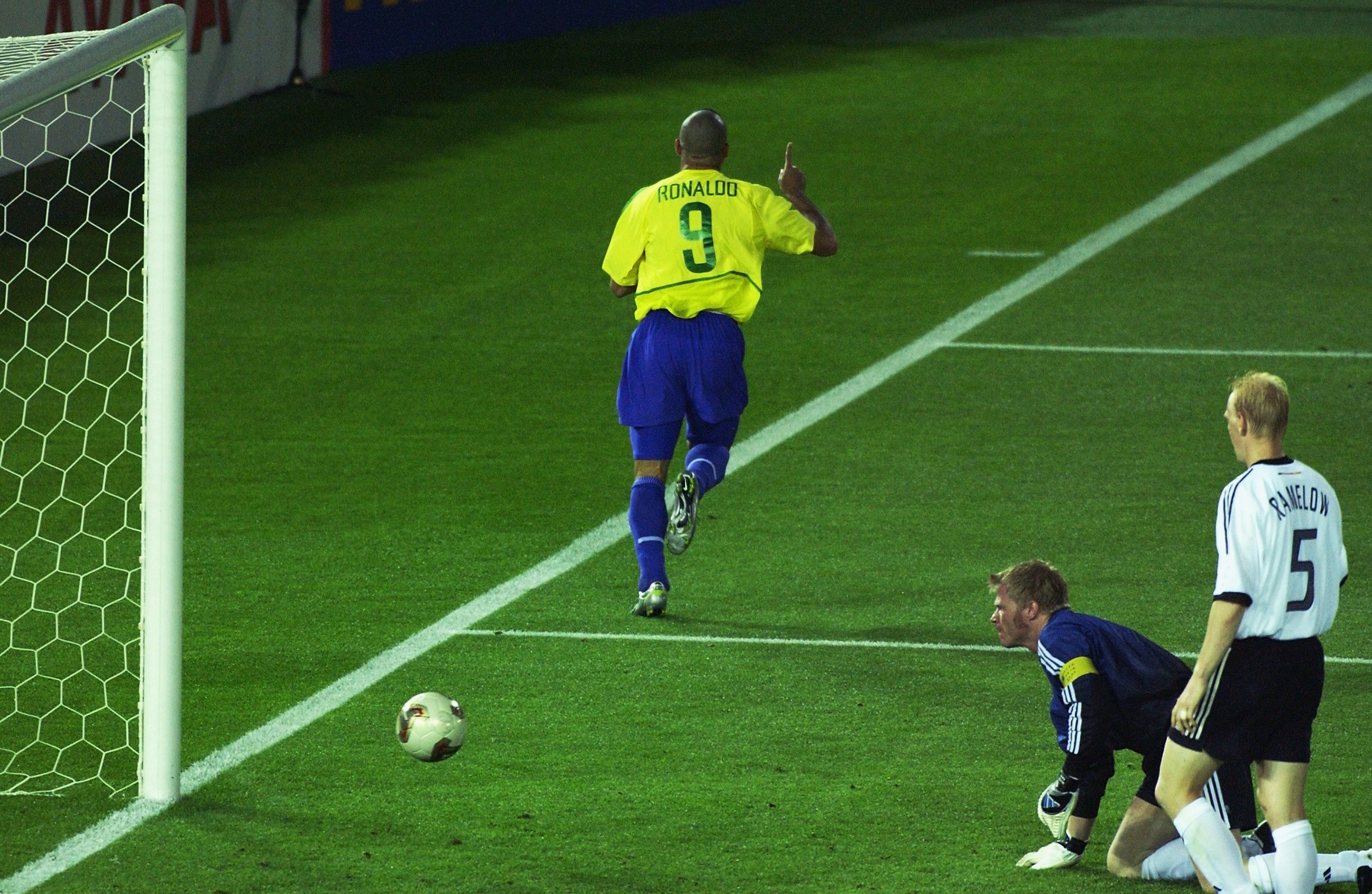 Ronaldo celebrates after scoring Brazil’s opening goal