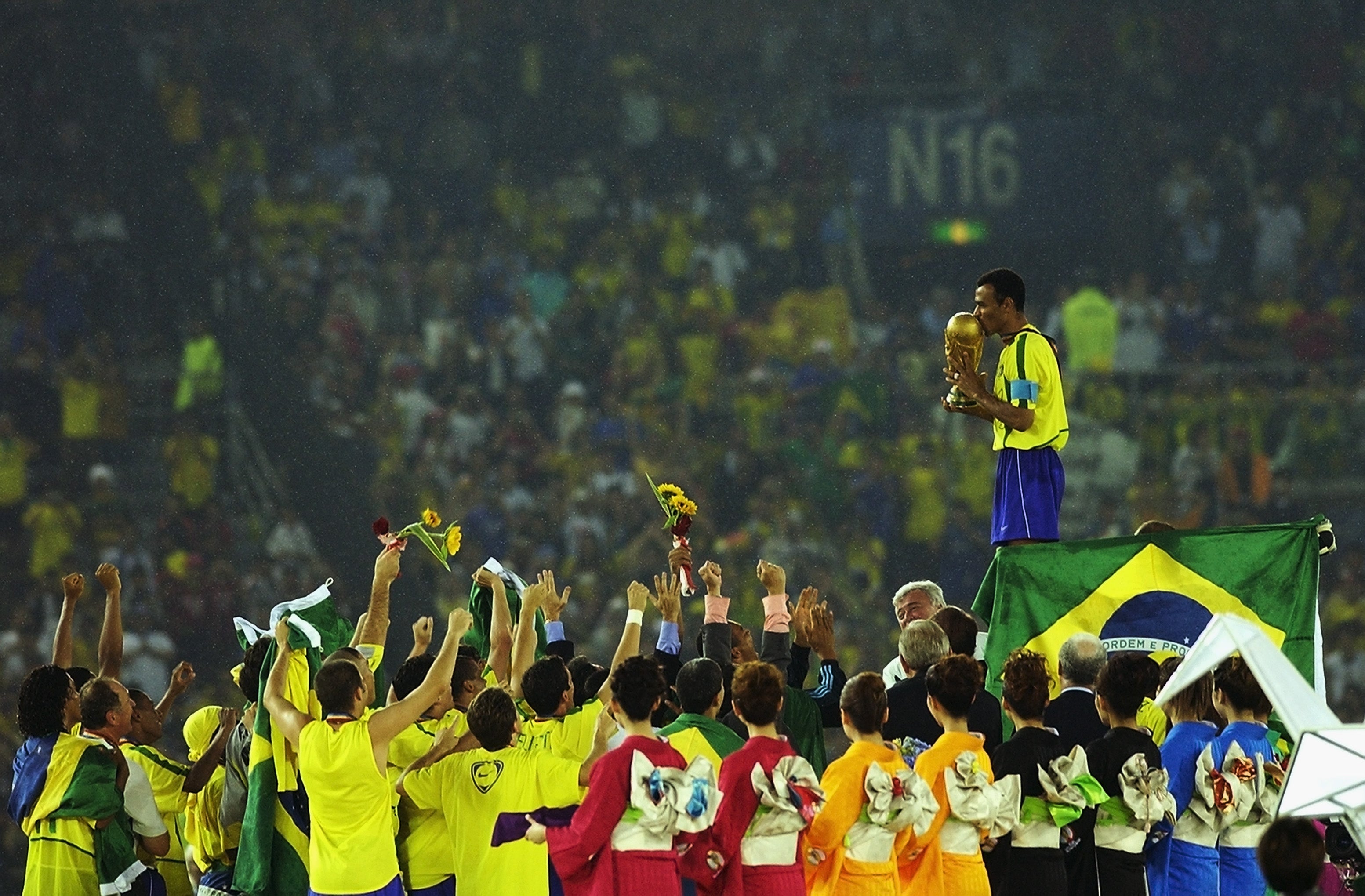 Brazil captain Cafu kisses the World Cup