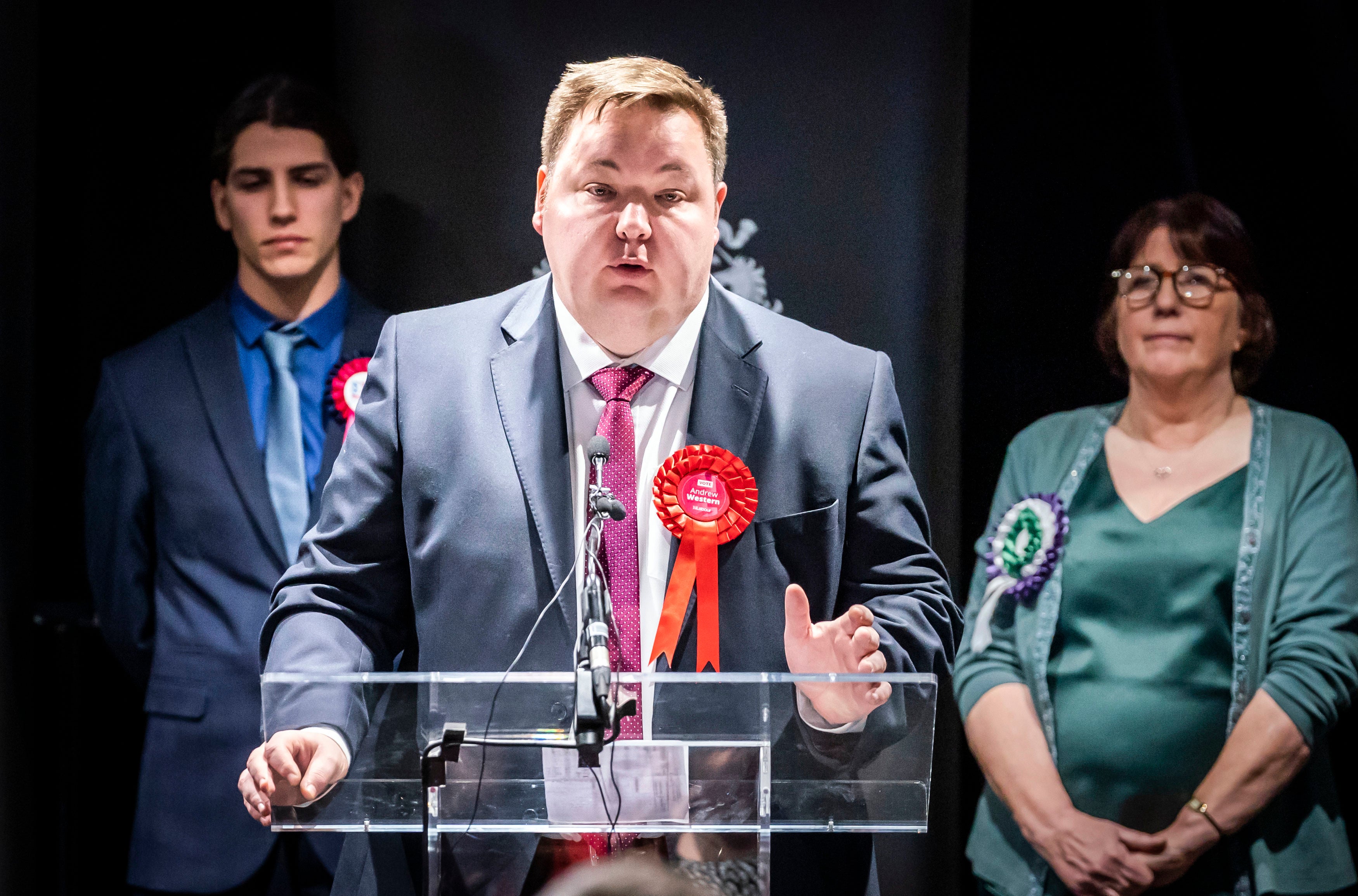 Labour’s Andrew Western speaks after winning the Stretford and Urmston by-election in Manchester in the early hours of Friday