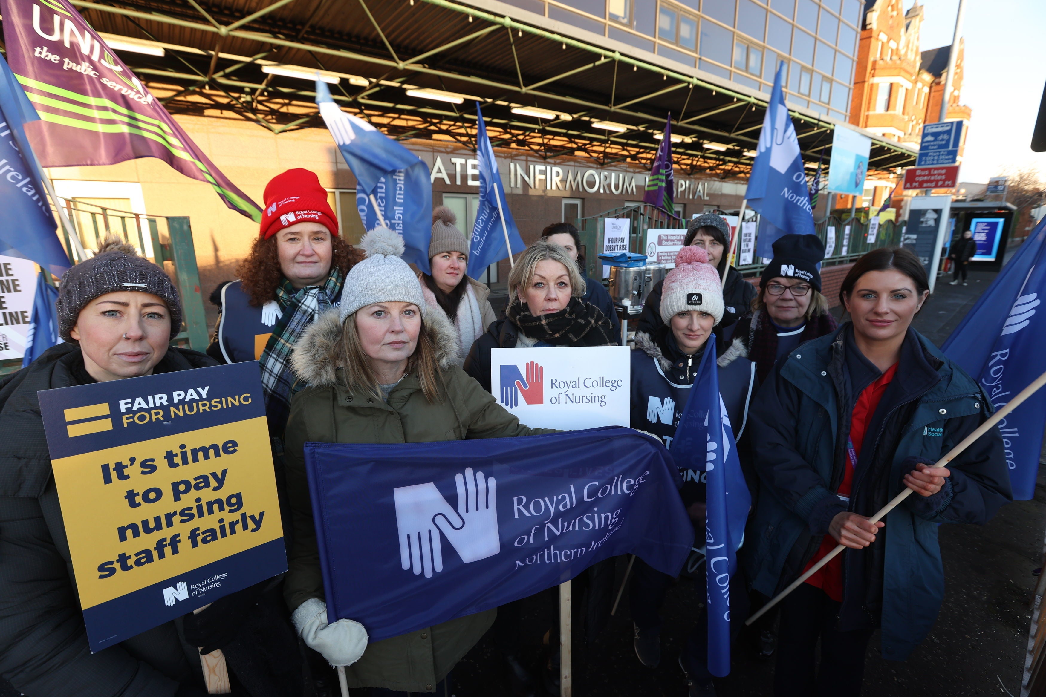 Nurses on the picket line outside Mater Infirmorum Hospital in Belfast