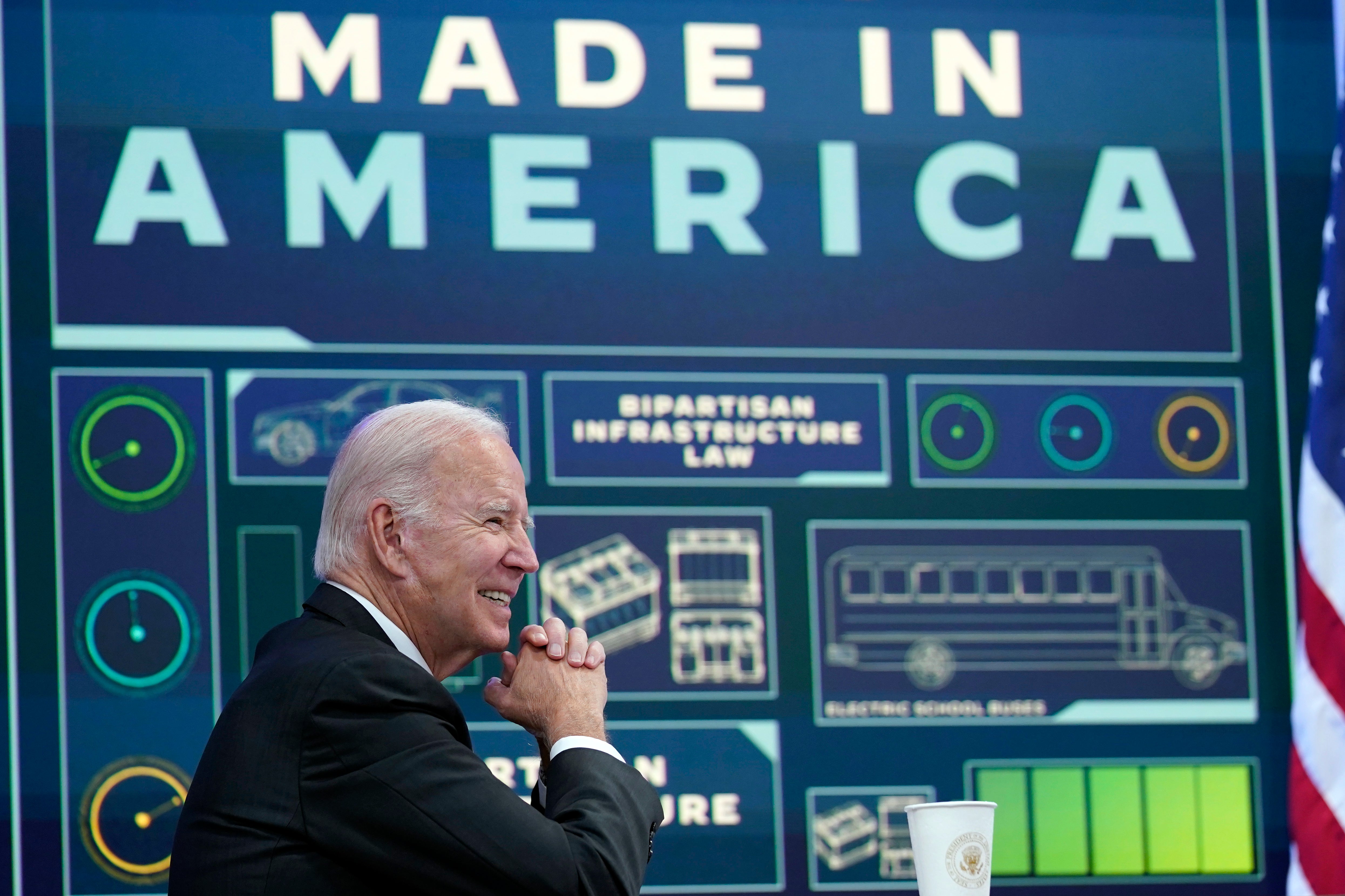 President Joe Biden listens during an event about infrastructure in the South Court Auditorium on the White House complex in Washington, in October