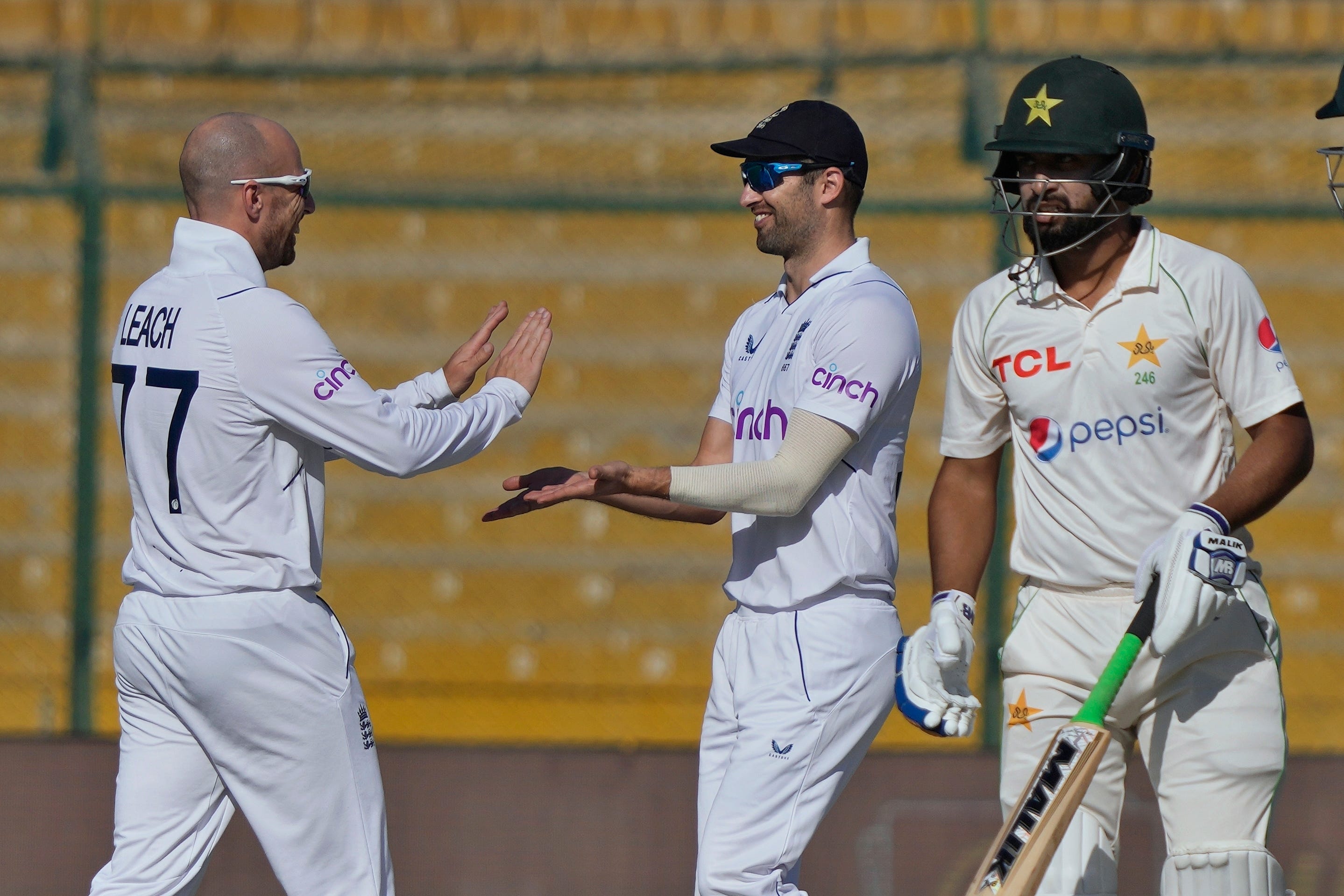 England’s Jack Leach, left, celebrates