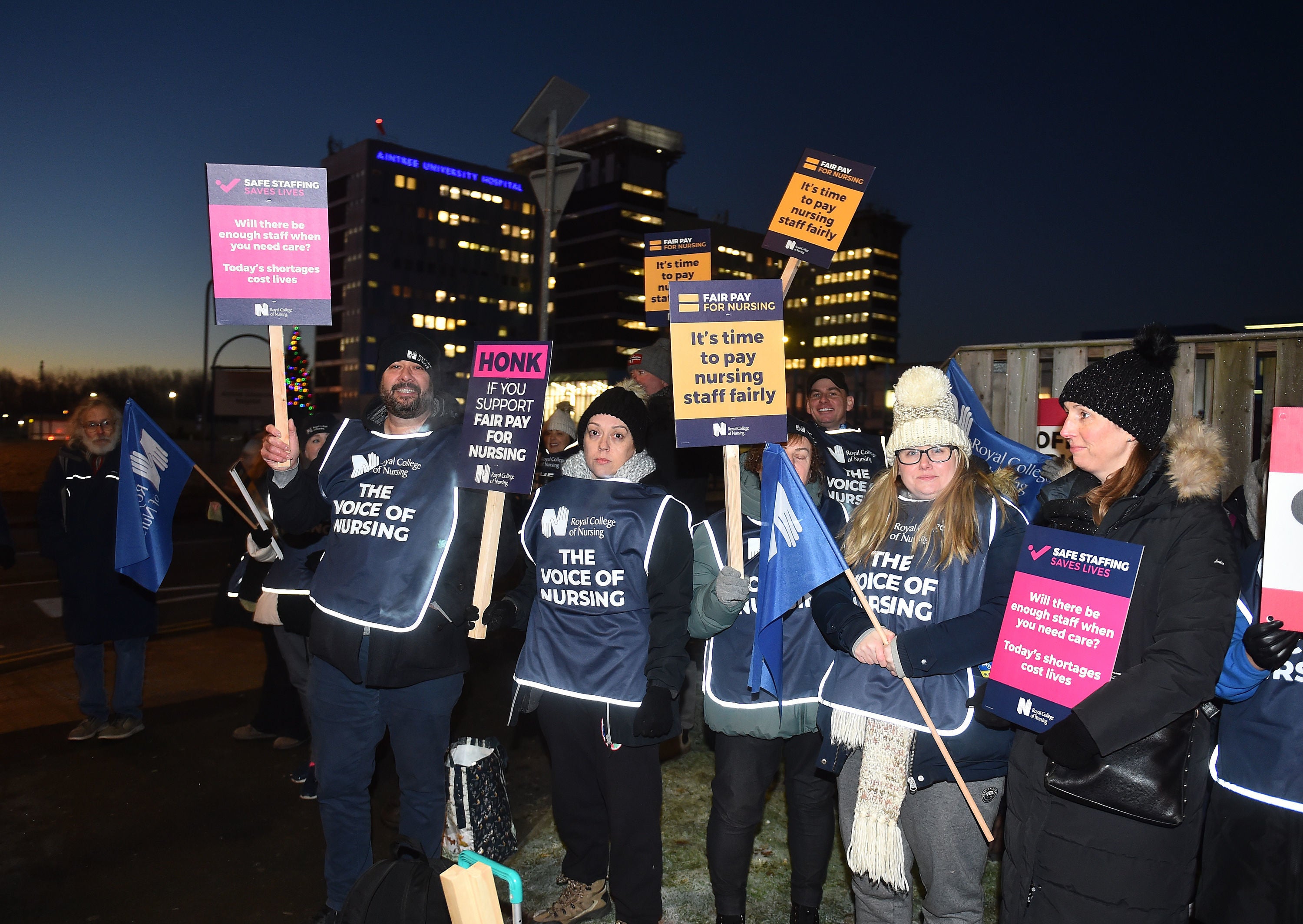 Striking nurses on the picket line outside the Aintree University Hospital in Liverpool