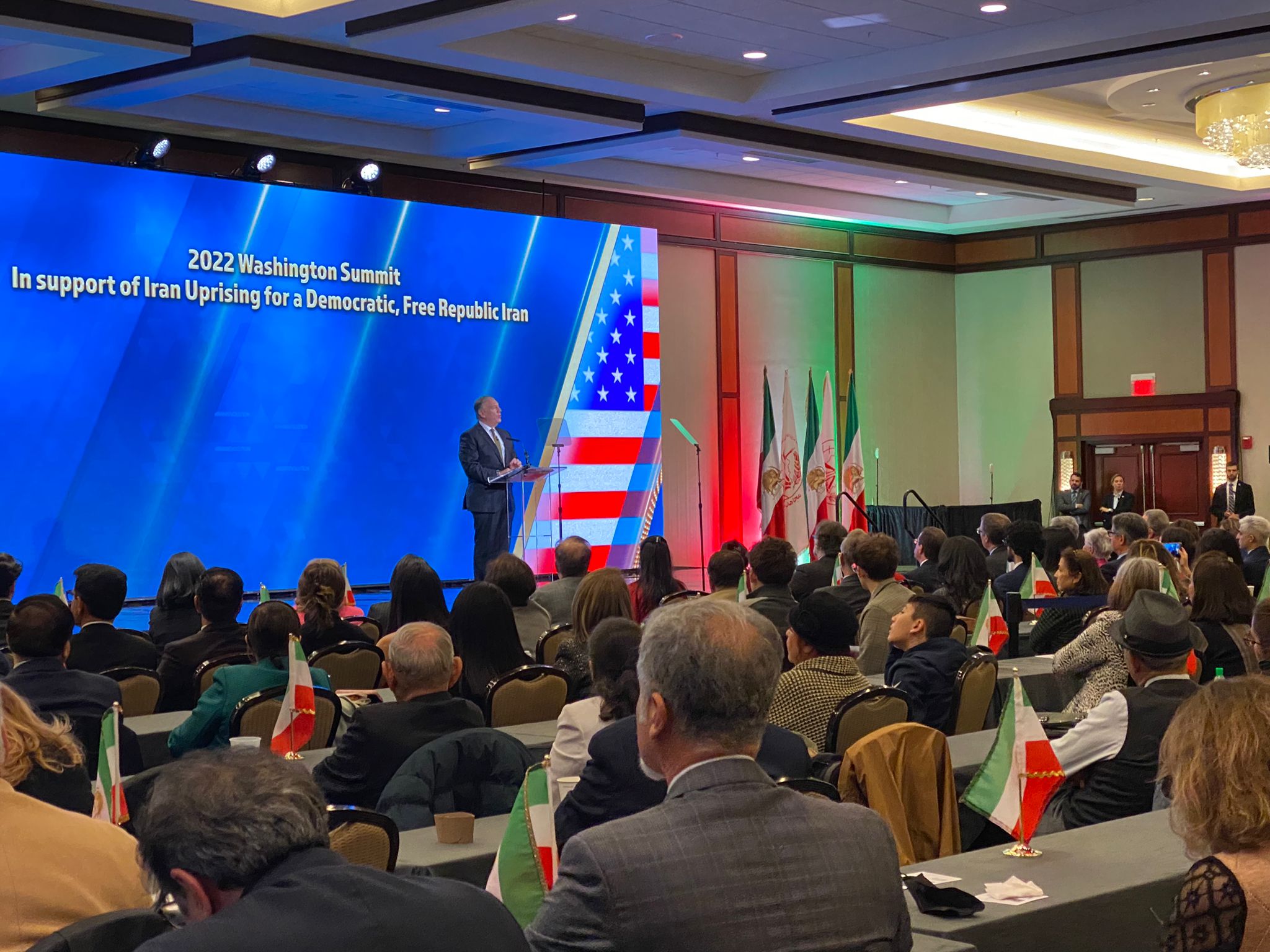 Mike Pompeo speaks to supporters of the 2022 Iranian uprising at a summit in Washington DC