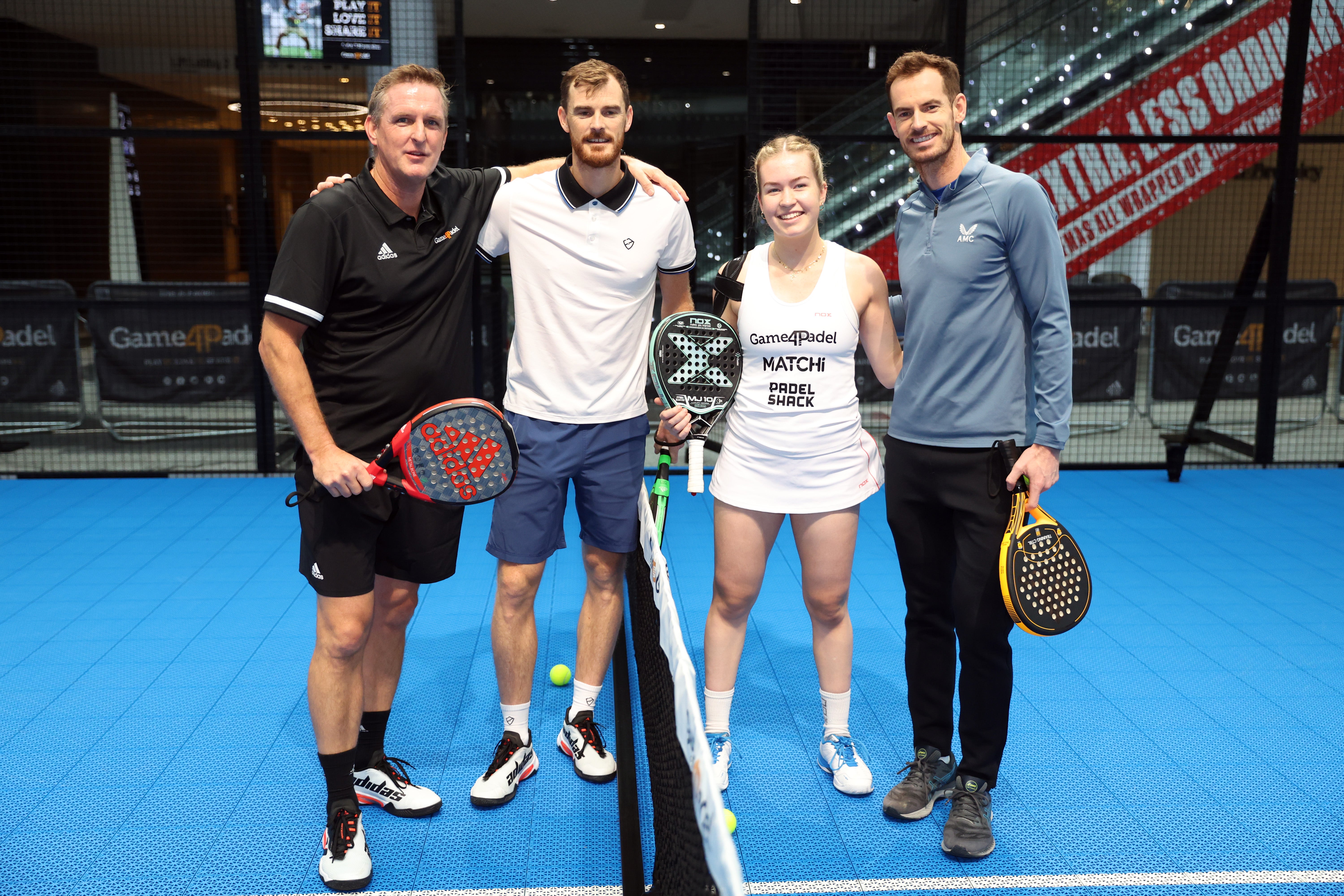 James Rose, Jamie Murray, Tia Norton and Andy Murray on the Westfield padel court