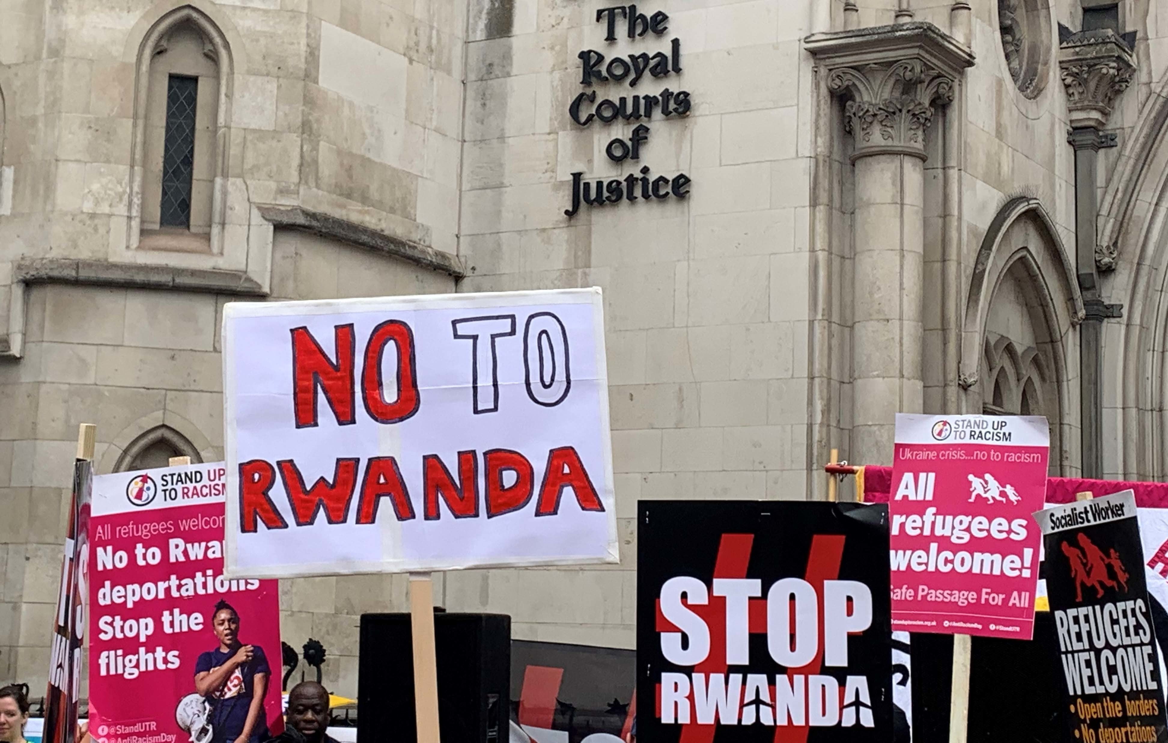 Demonstrators outside the Royal Courts of Justice during the legal battle