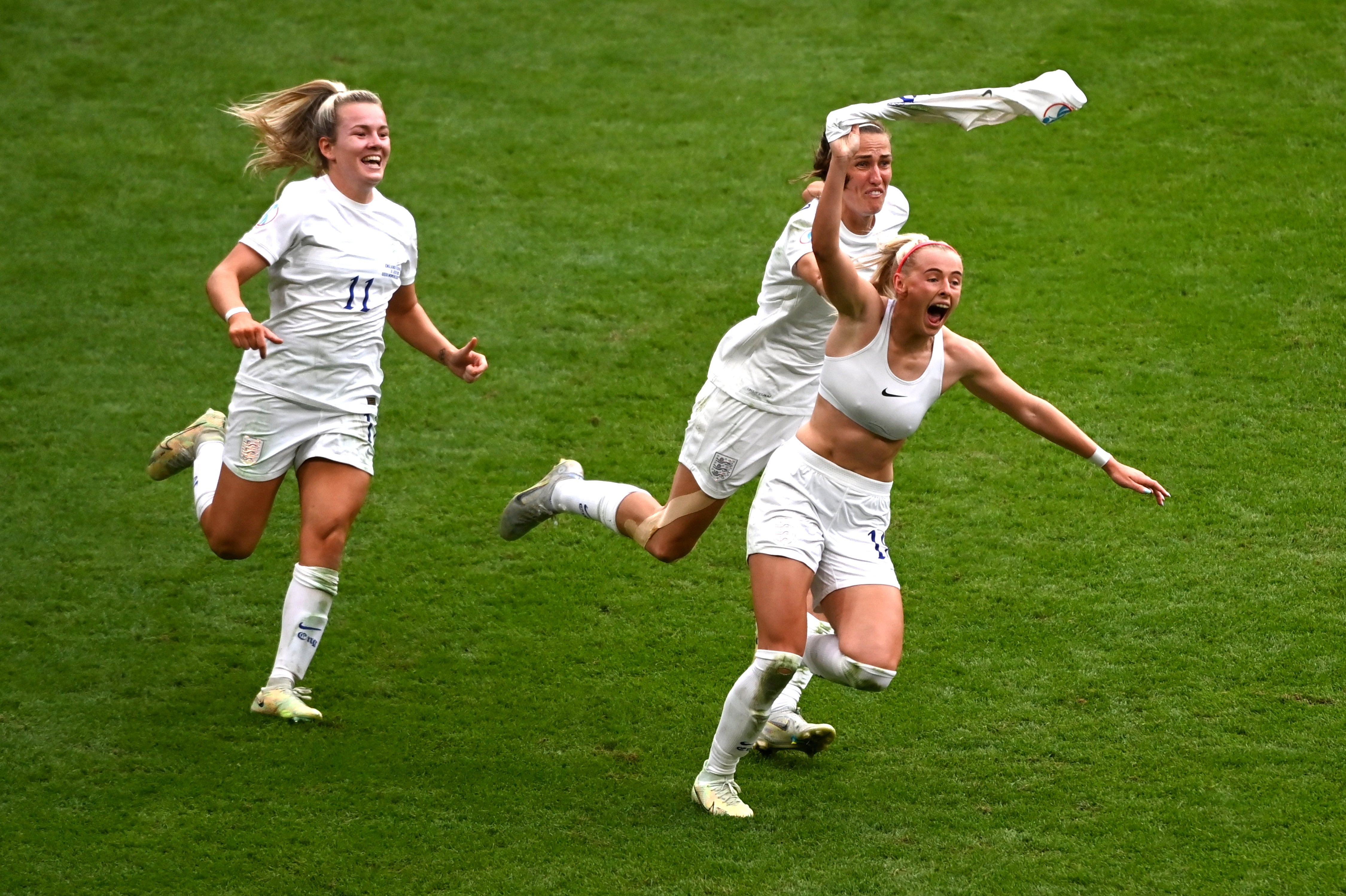 Chloe Kelly celebrates scoring England’s second goal during the Women’s Euro final against Germany at Wembley. The host nation won the match 2-1