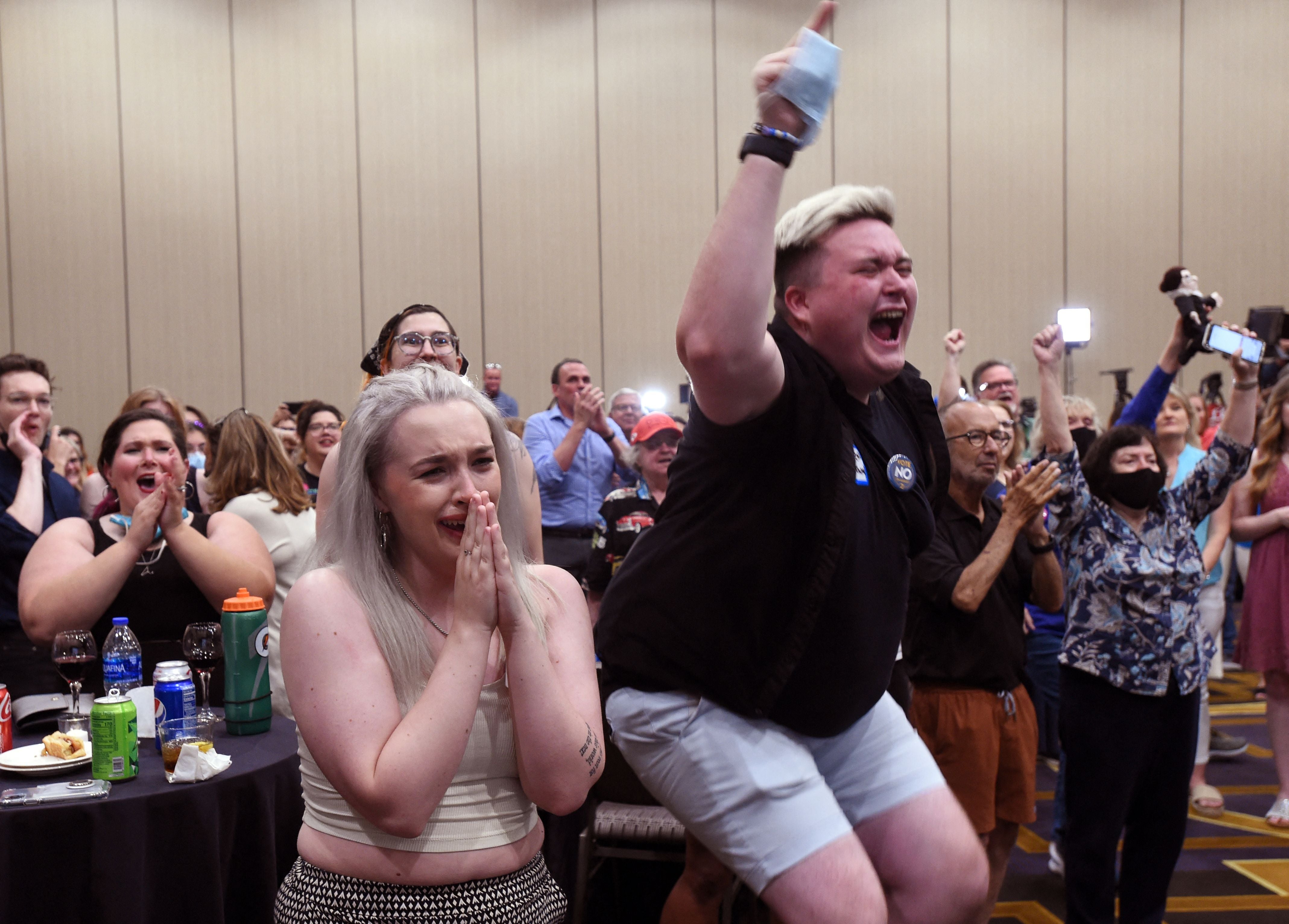 Abortion supporters at Overland Park in Kansas react to the failed constitutional amendment proposal which would have withdrawn the right to abortion in Kansas