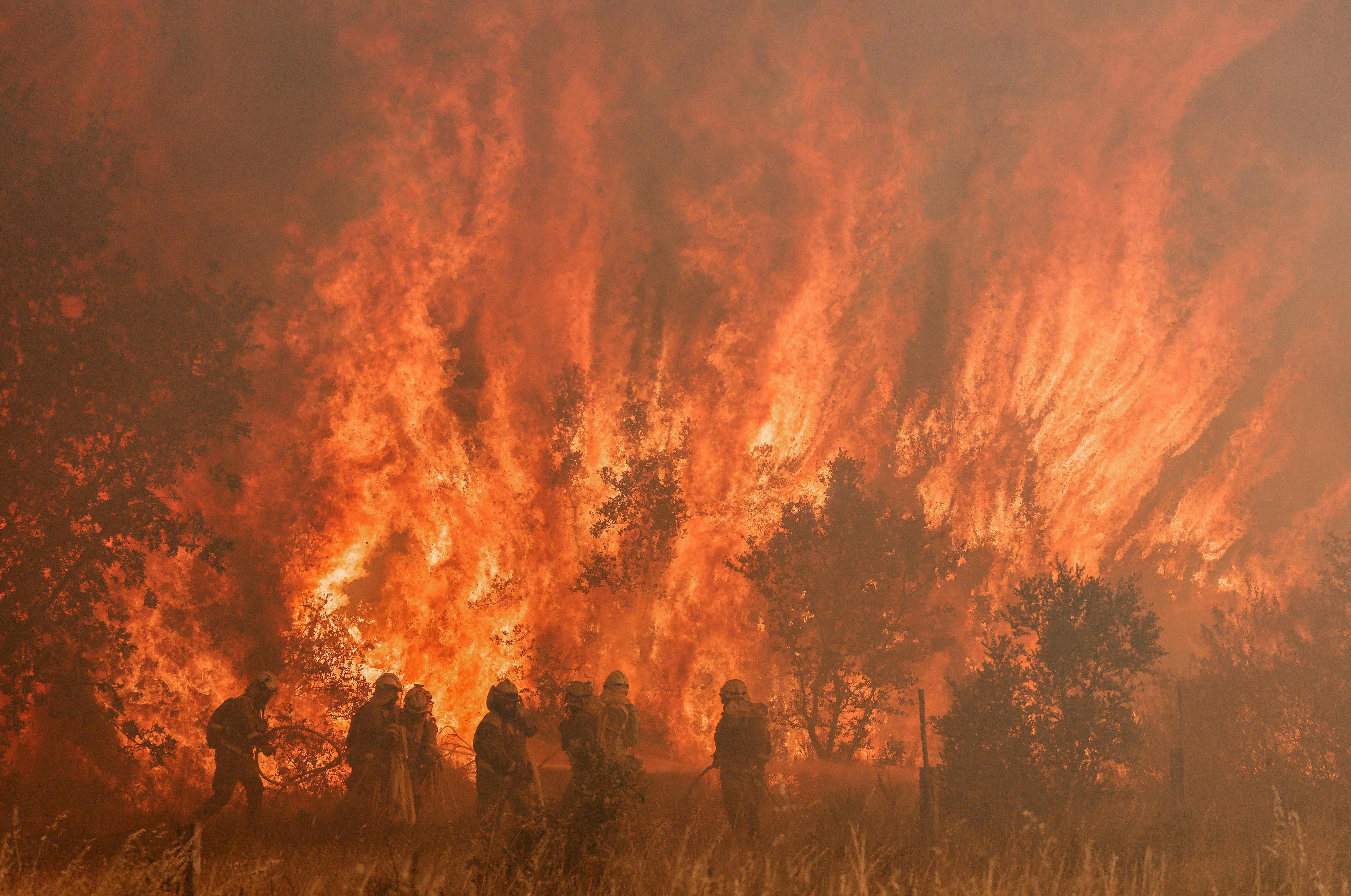 Firefighters operate at the site of a wildfire in Pumarejo de Tera near Zamora, northern Spain