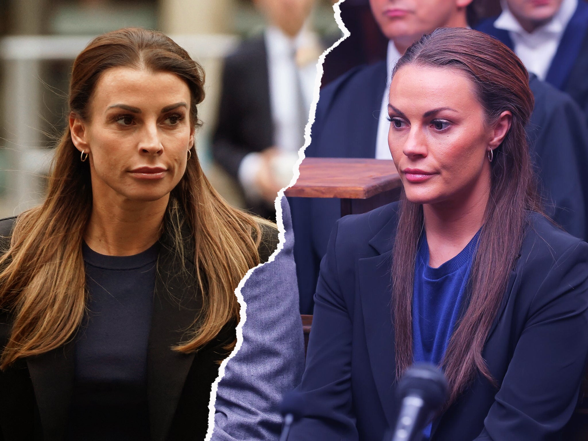 Coleen Rooney at court in May, and Chanel Cresswell portraying her in Channel 4’s ‘Vardy v Rooney’