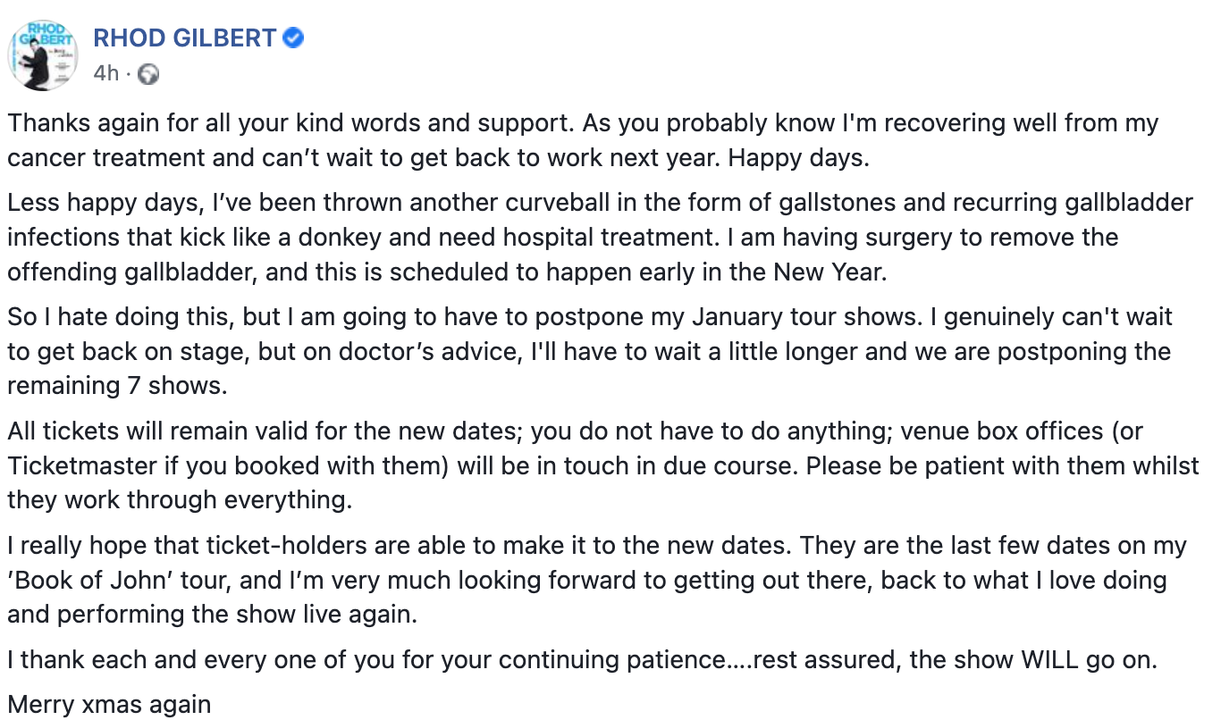 Rhod Gilbert sends message to fans on Facebook