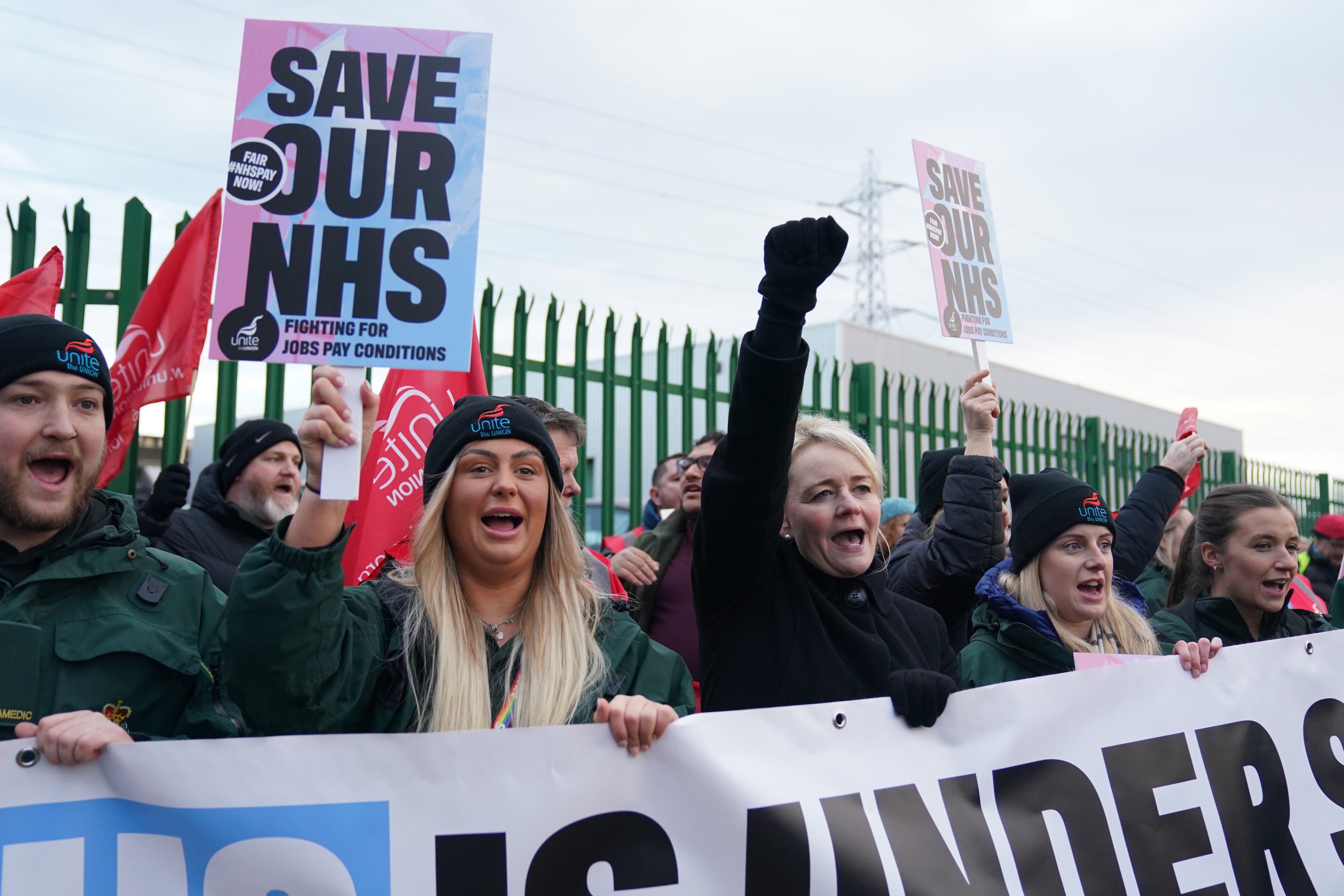 Unite union general secretary Sharon Graham (centre), joins ambulance workers on the picket line outside ambulance headquarters in Coventry (Jacob King/PA)