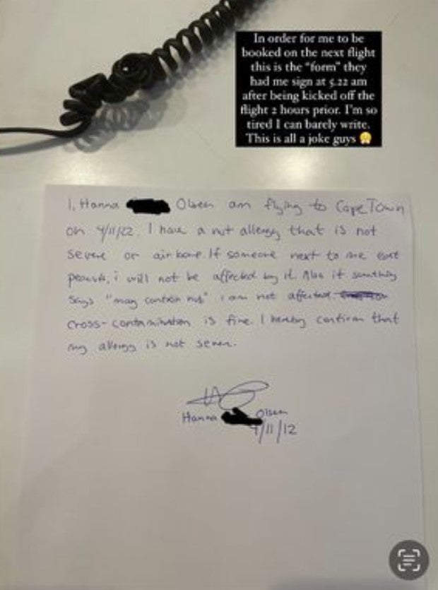 Ms Olsen posted the handwritten ‘form’ she says airline staff made her sign