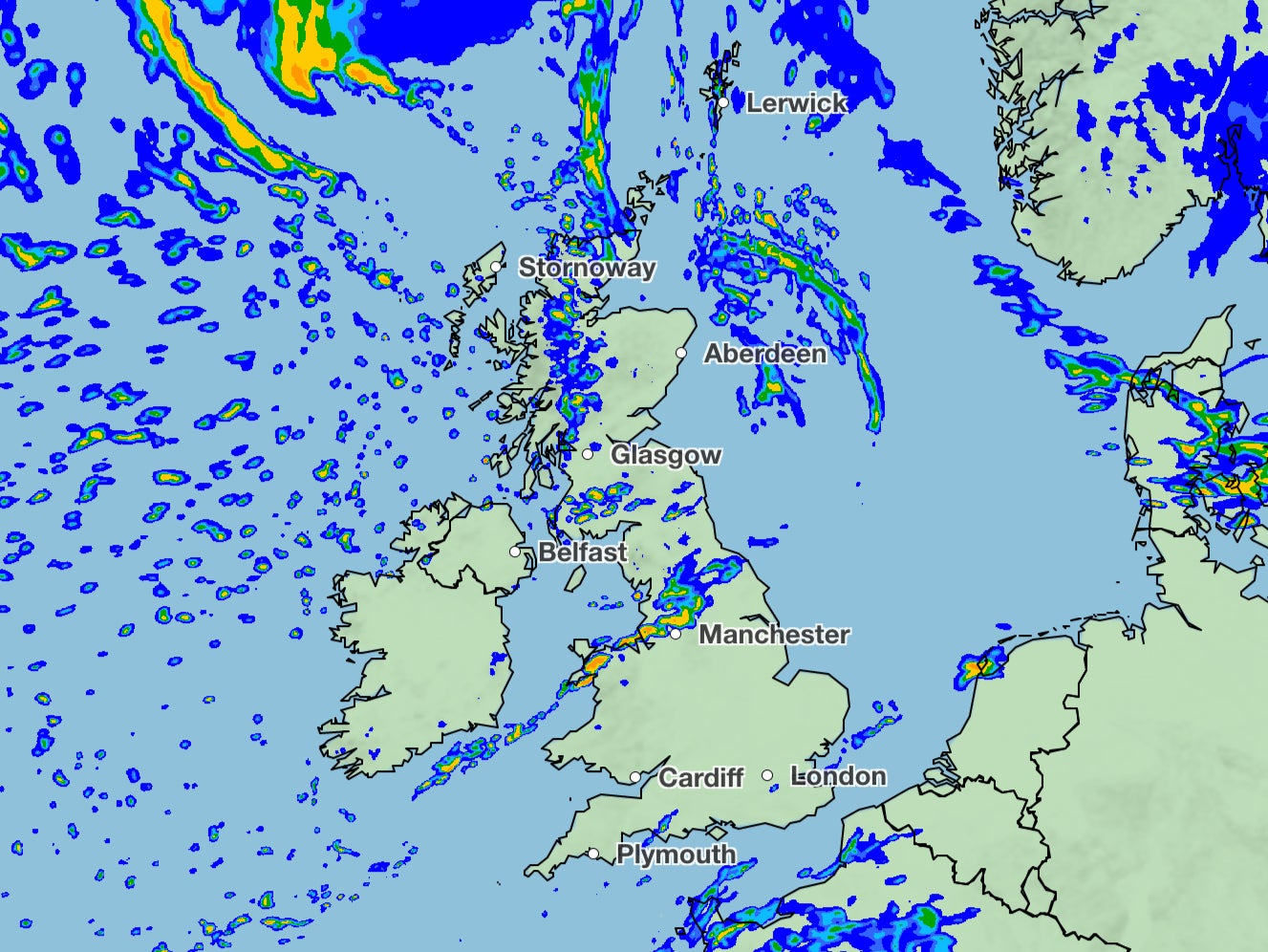 A weather map showing the forecast rainfall over the UK on Christmas Day