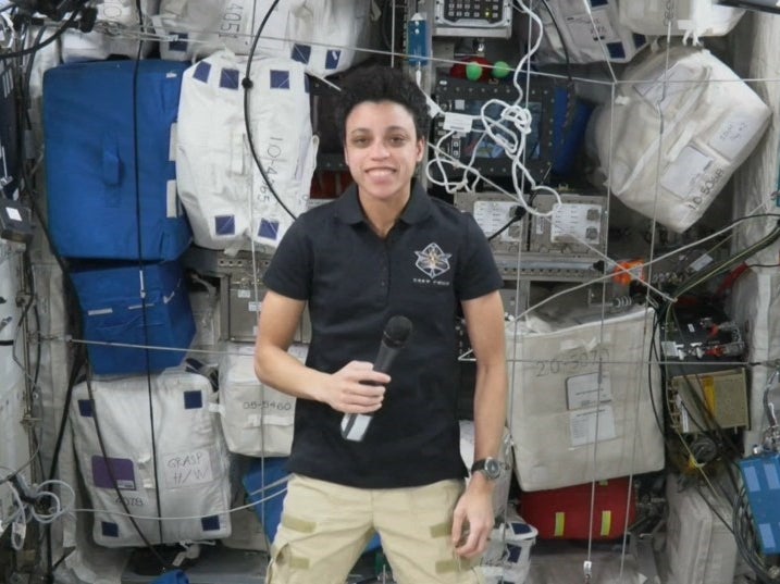 Jessica Watkins speaks during an interview from the Columbus module of the International Space Station