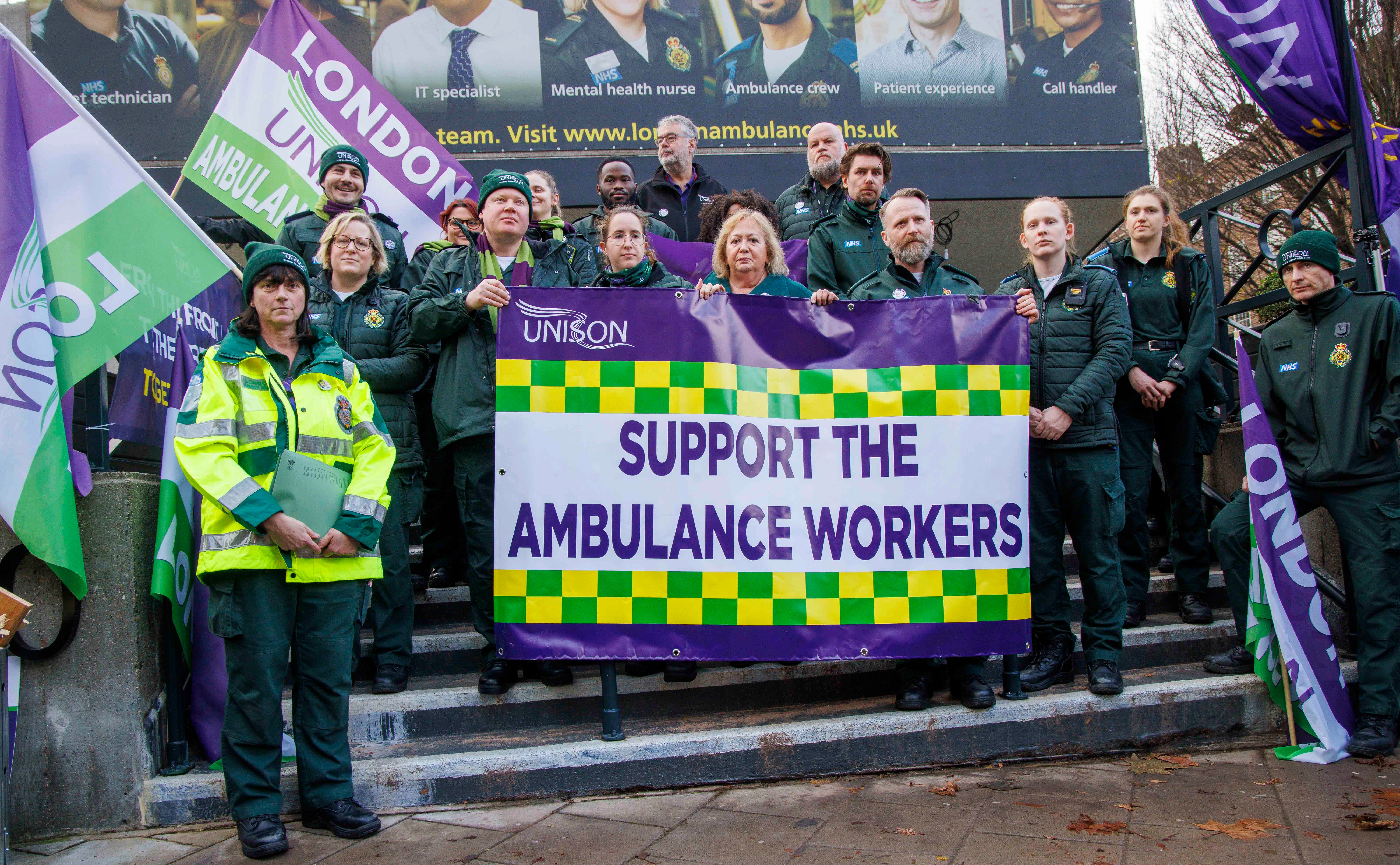 UNISON general secretary Christina McAnea (C) joins striking ambulance workers picketing outside Waterloo Ambulance