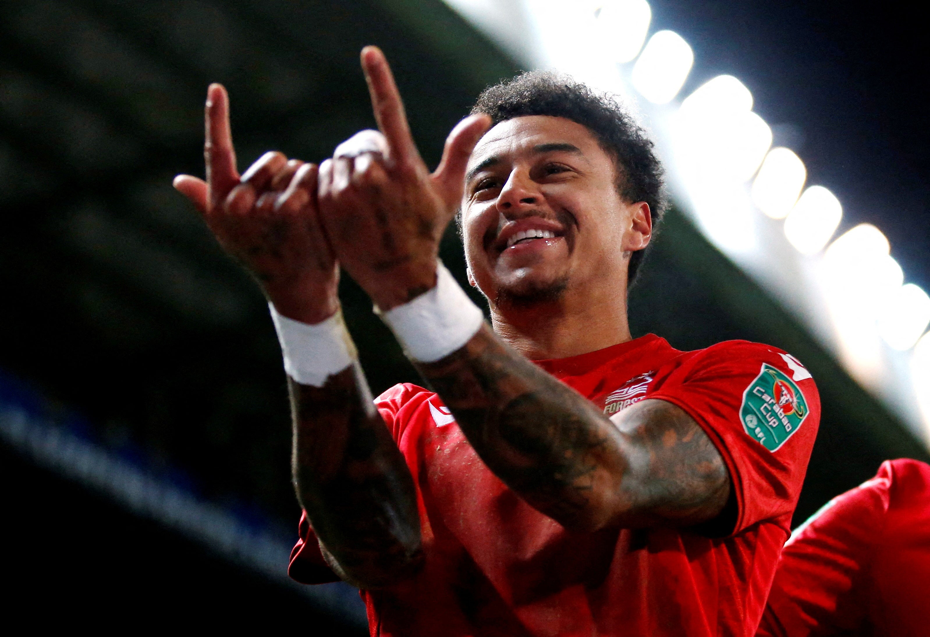 Jesse Lingard celebrates after scoring Forest’s second goal