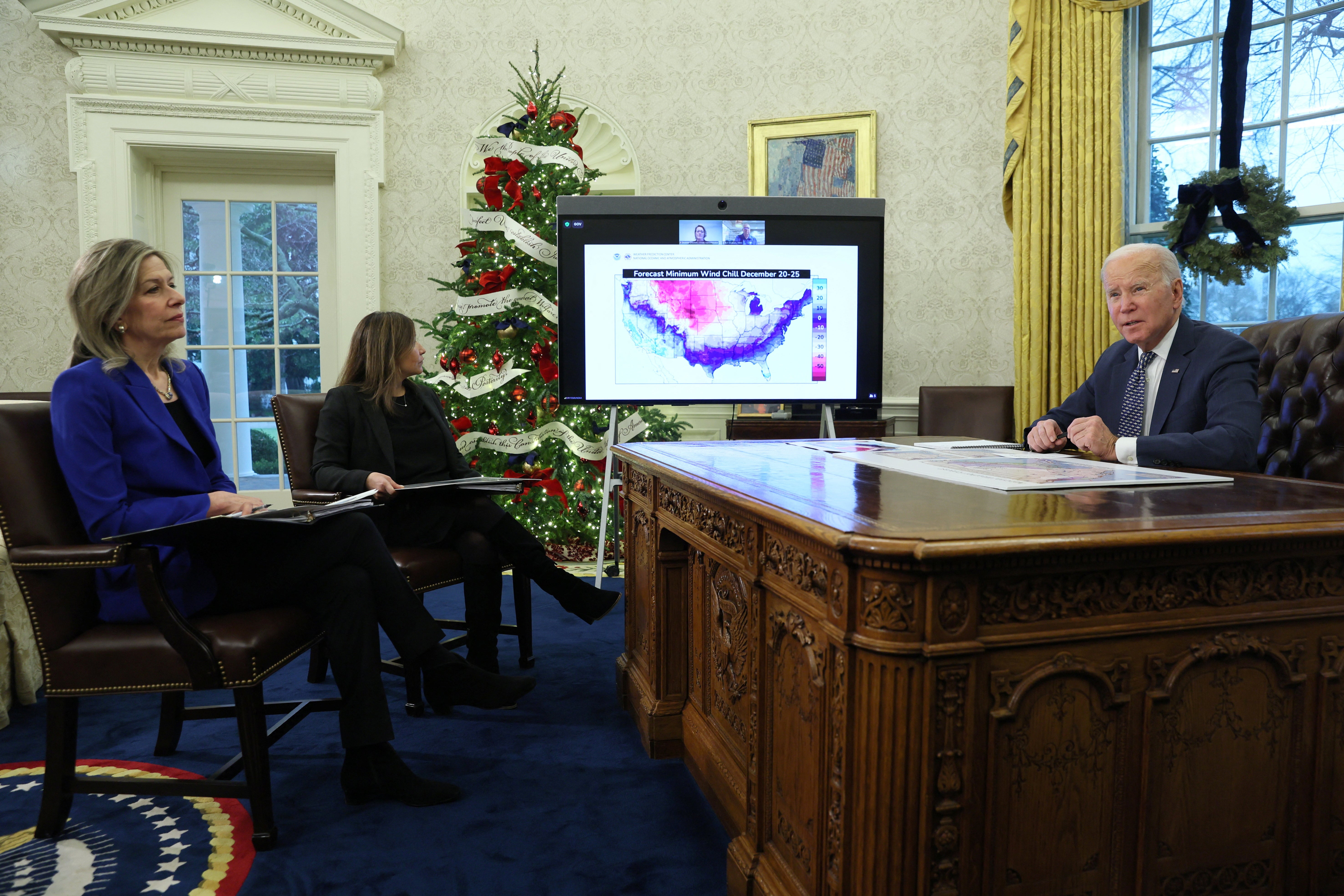 President Joe Biden speaks to the media before receiving a briefing about winter storm systems moving through the US on Thursday