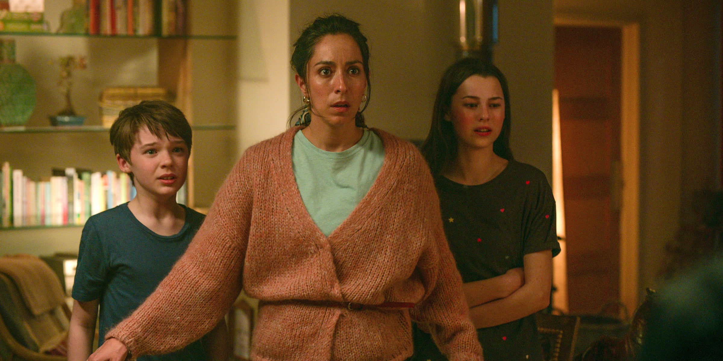 (Left to right) Samuel Leakey as Callum, Oona Chaplin as Maddy De Costa, Beau Gadsdon as Ella in ‘Treason’