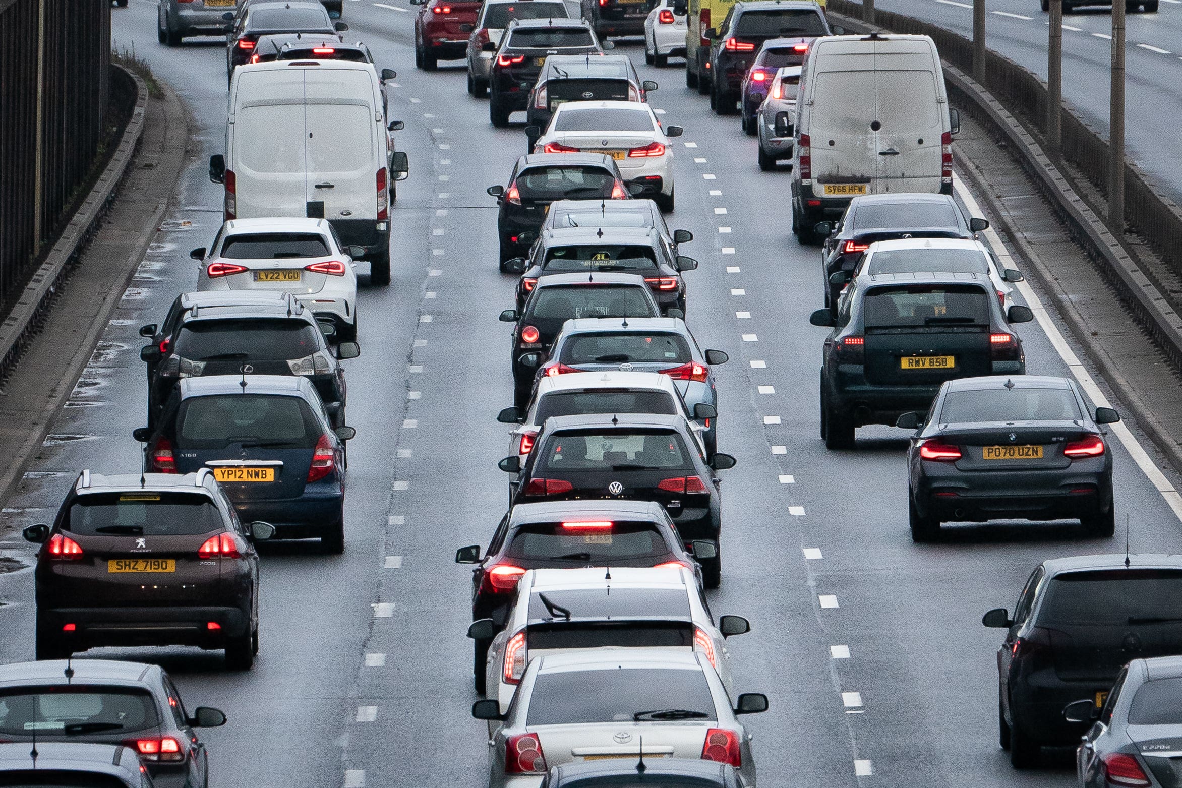 Traffic on the A13 in London. Many drivers are battling a band of heavy rain which is moving north from southern England and Wales to southern Scotland and Northern Ireland throughout the day. Picture date: Friday December 23, 2022.