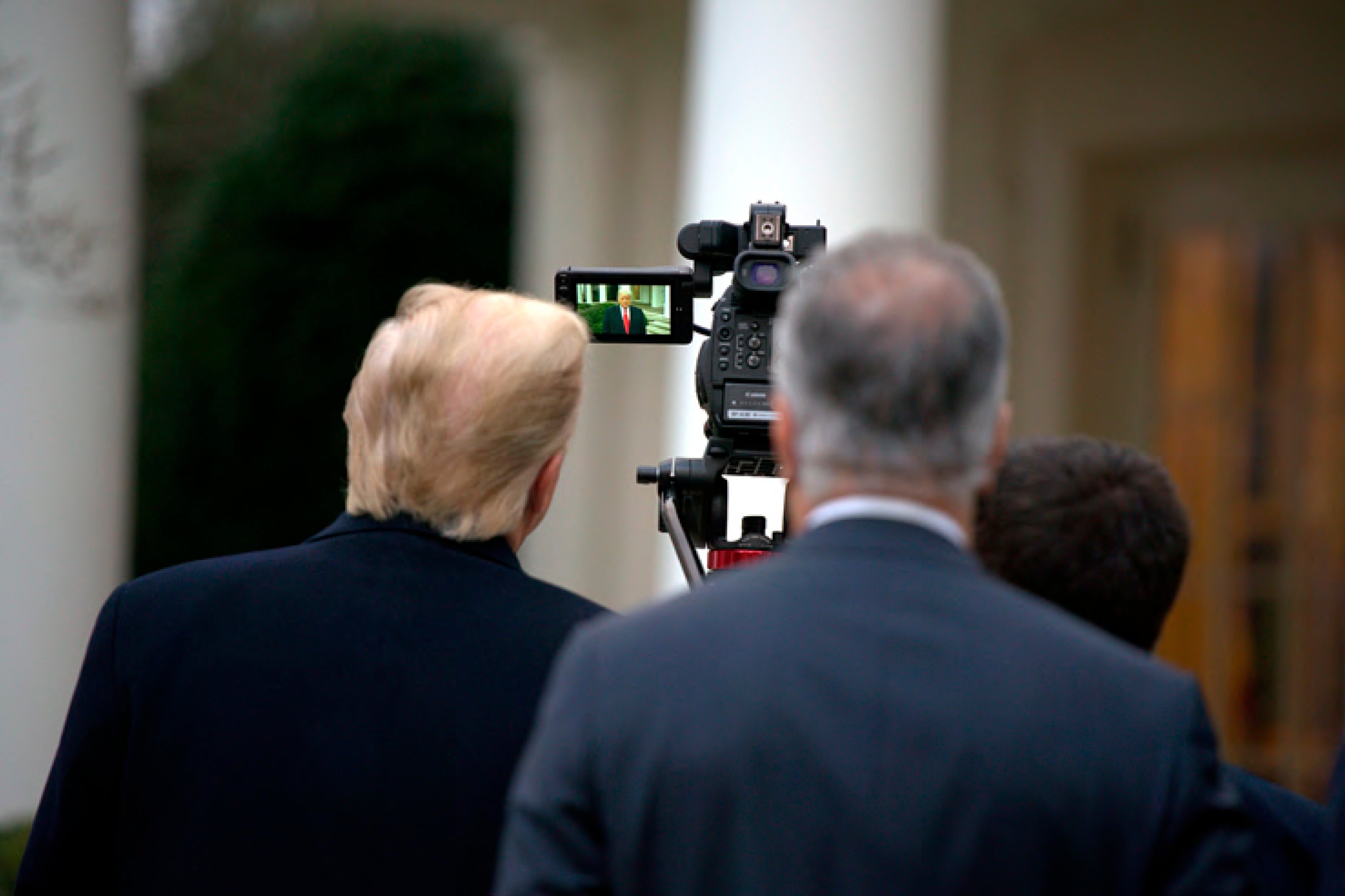 Donald Trump inspects a recording of his January 6 Rose Garden speech