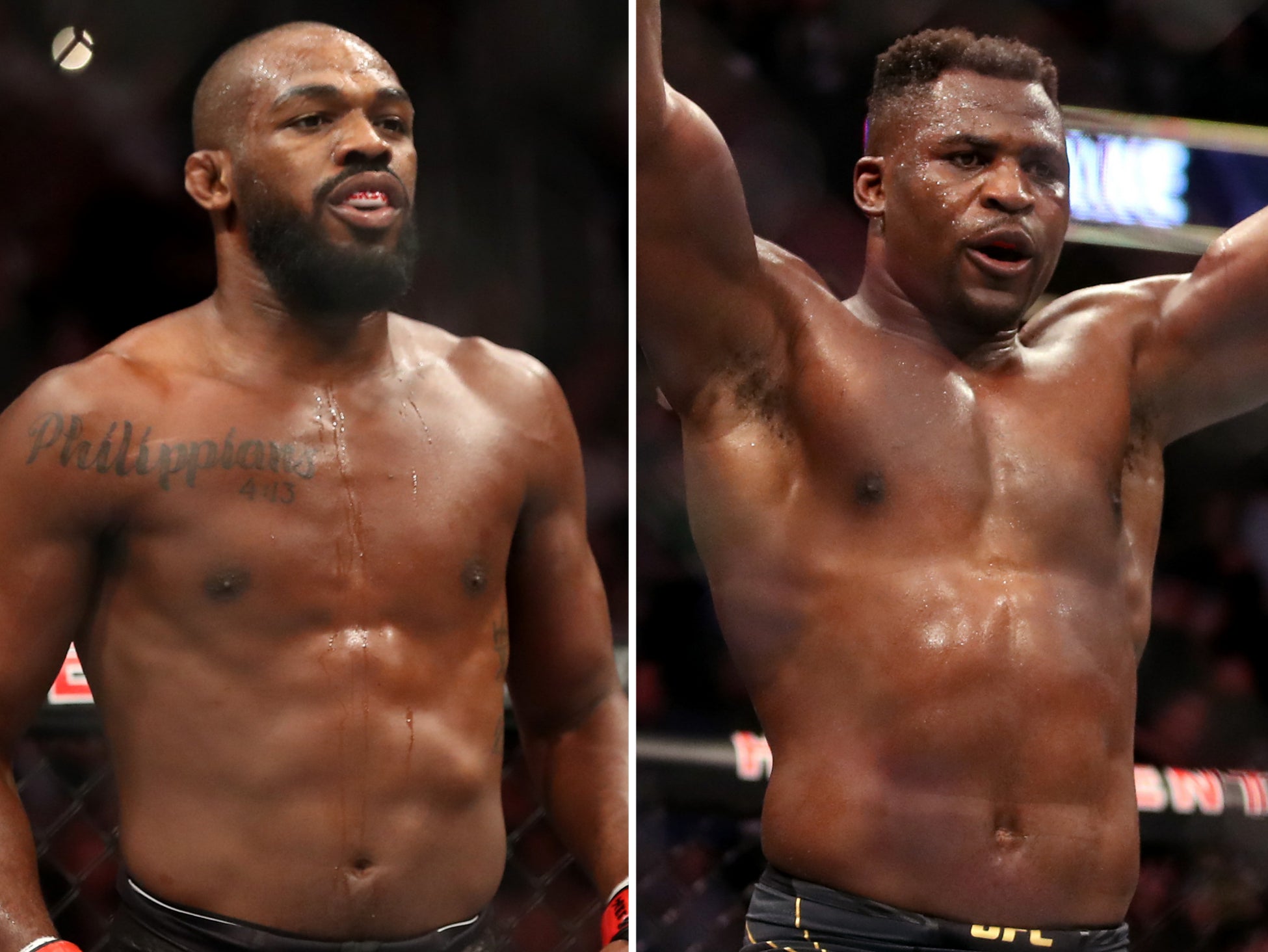 Jon Jones (left) could face heavyweight champion Francis Ngannou in 2023