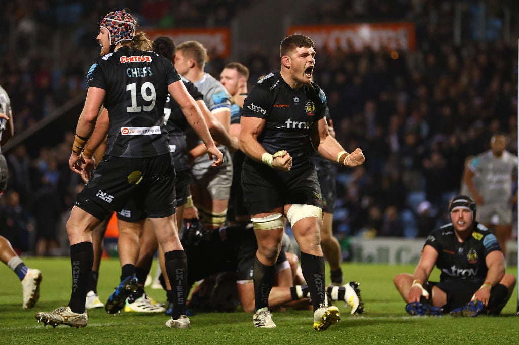 Dave Ewers of Exeter celebrates at the final whistle