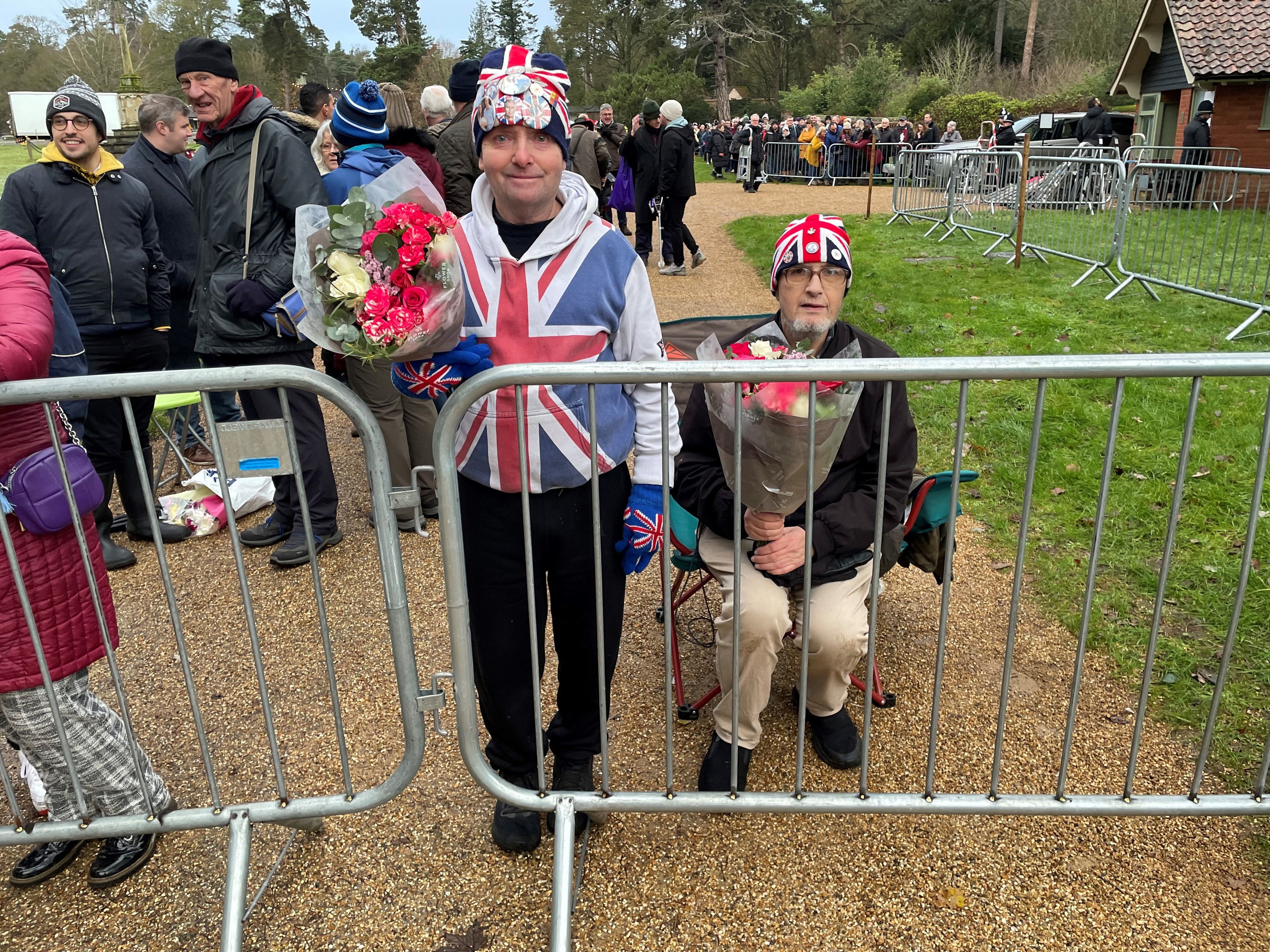 Royal fan John Loughrey (left) and his friend Sky London at the front of the queue at Sandringham in Norfolk ahead of the royal family's traditional Christmas Day church service