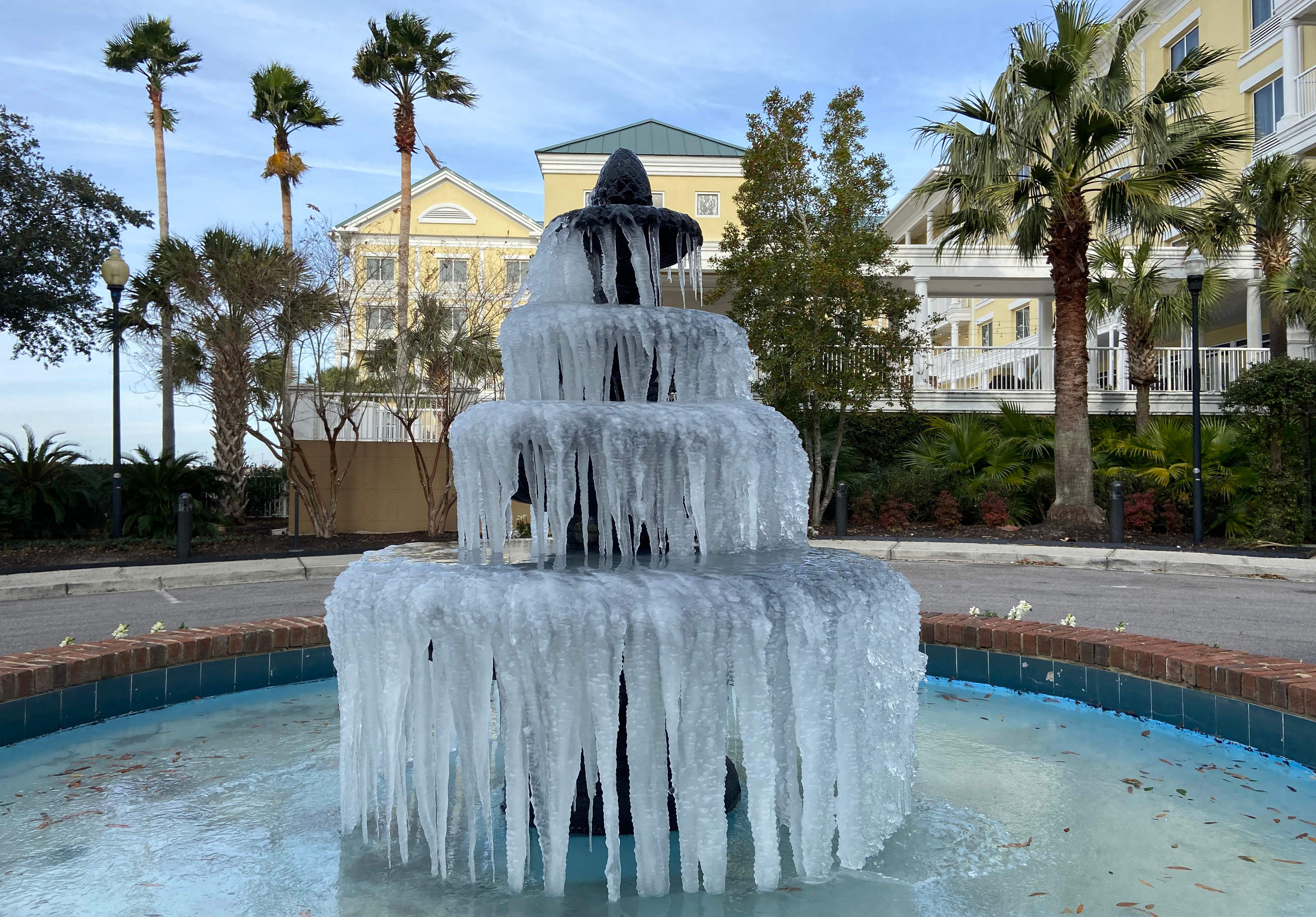 Ice freezes in water fountain in Charleston, South Carolina